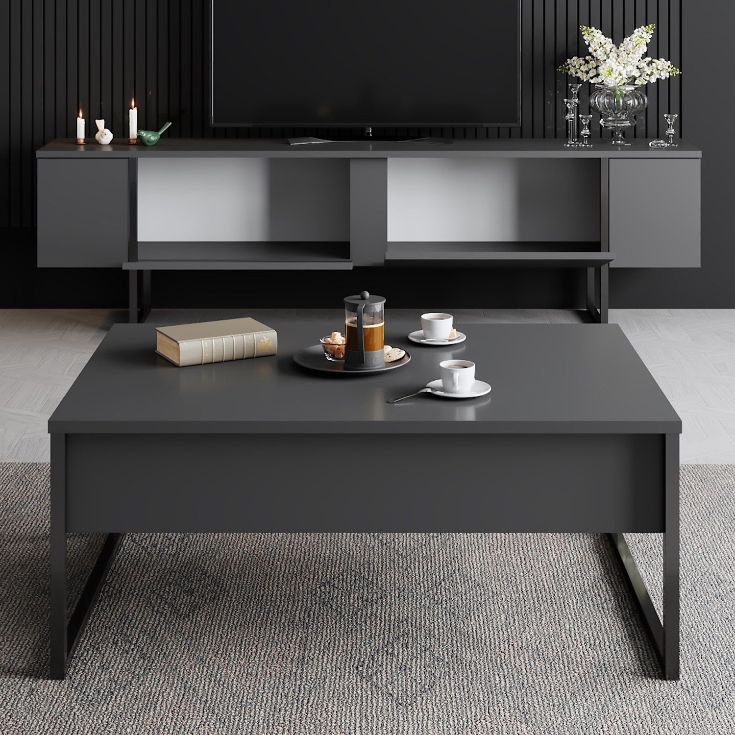Comoda TV Luxe, gri antracit/negru, PAL, 180x30x50 cm