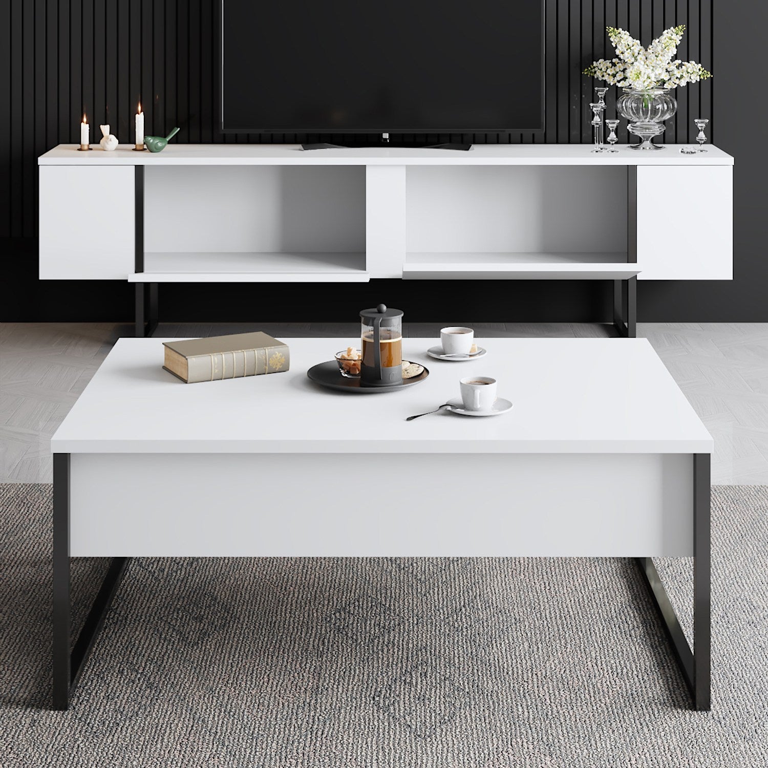 Comoda TV Luxe, alb/negru, PAL/metal, 180x30x50 cm