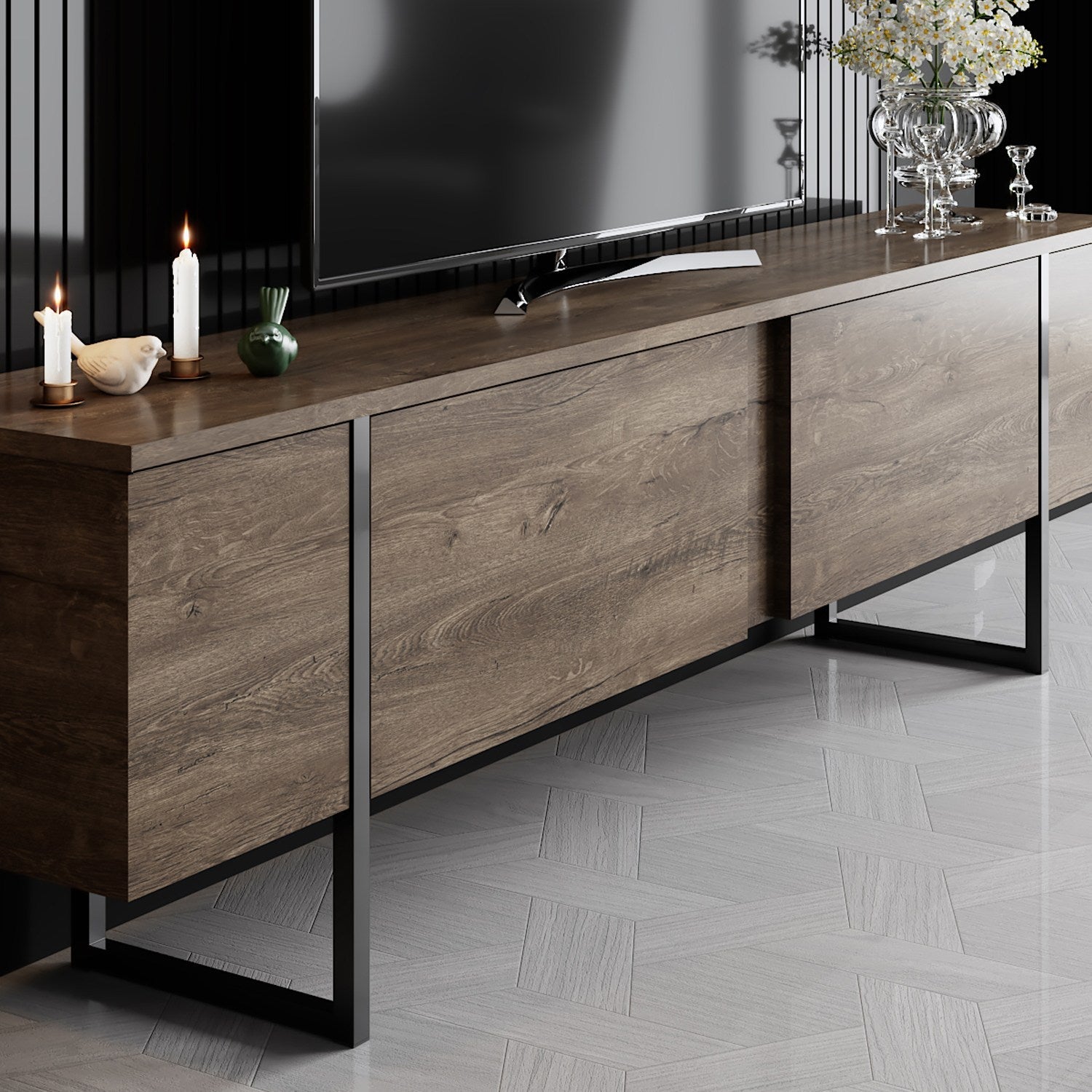 Comoda TV Luxe, nuc/negru, PAL/metal, 180x30x50 cm