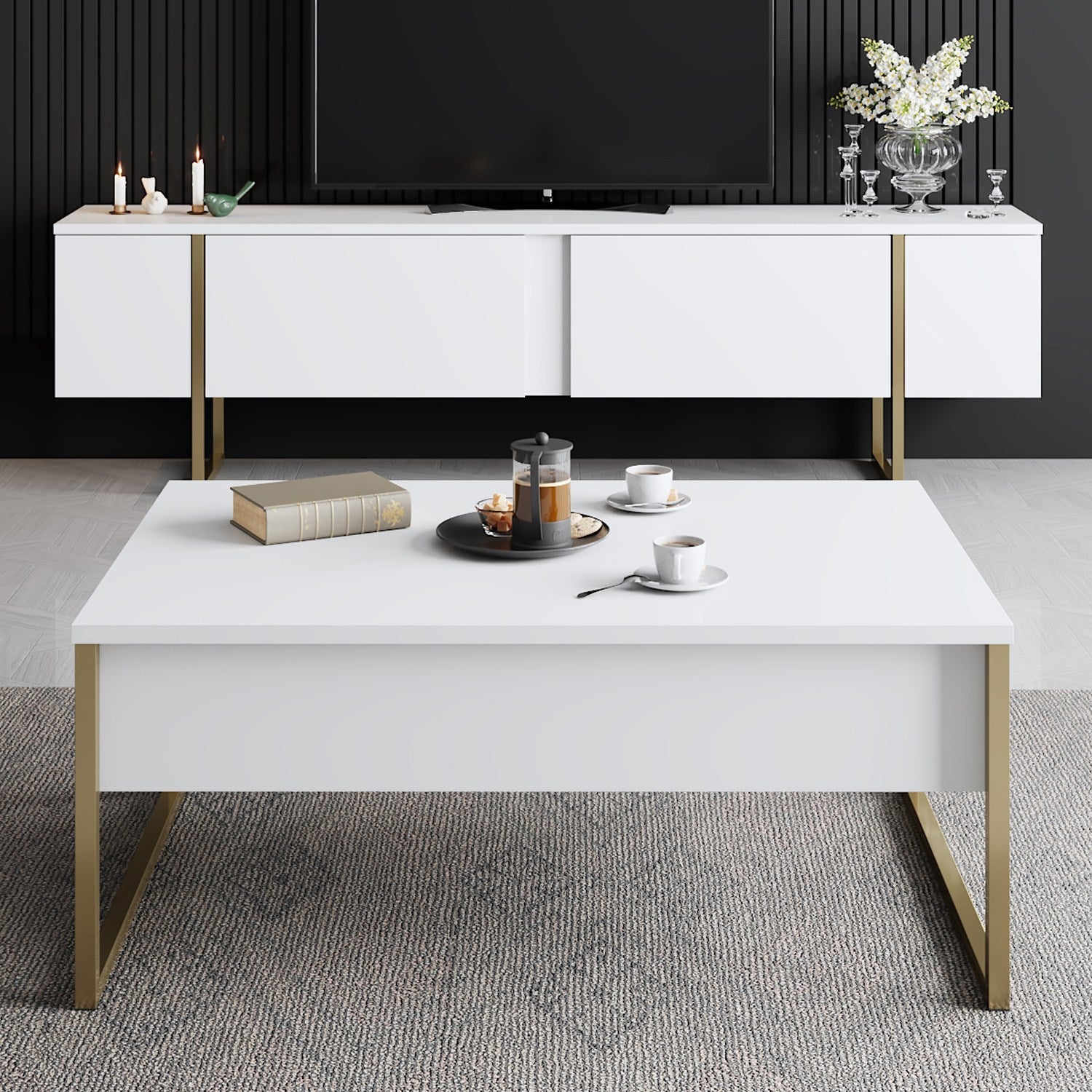Masuta cafea Luxe, alb/auriu, PAL/metal, 90x60x40 cm