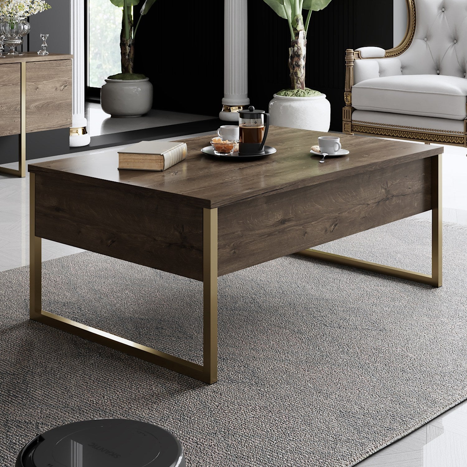 Masuta cafea Luxe, nuc/auriu, PAL/metal, 90x60x40 cm