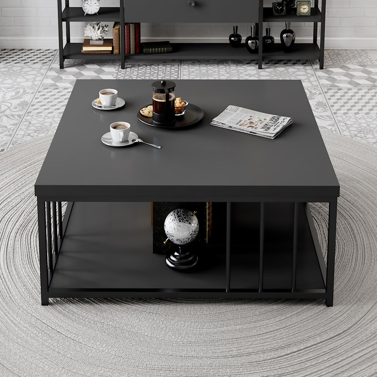 Masuta cafea Zenn, gri antracit/negru, PAL melaminat/metal, 90x90x40 cm