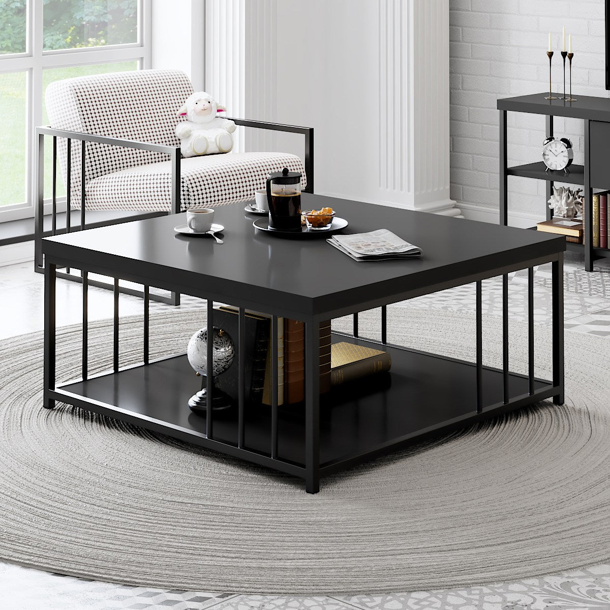 Masuta cafea Zenn, gri antracit/negru, PAL melaminat/metal, 90x90x40 cm