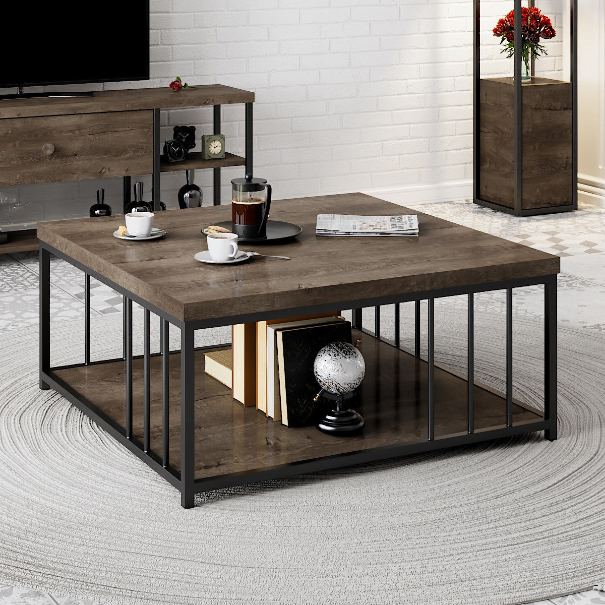 Masuta cafea Zenn, nuc/negru, PAL melaminat/metal, 90x90x40 cm