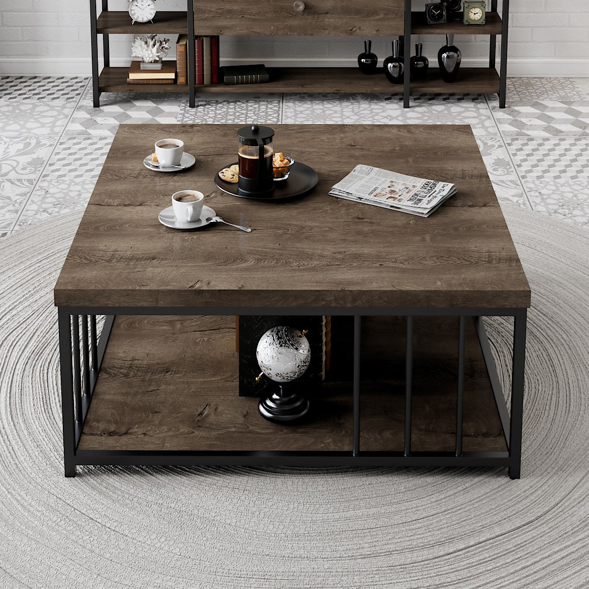 Masuta cafea Zenn, nuc/negru, PAL melaminat/metal, 90x90x40 cm