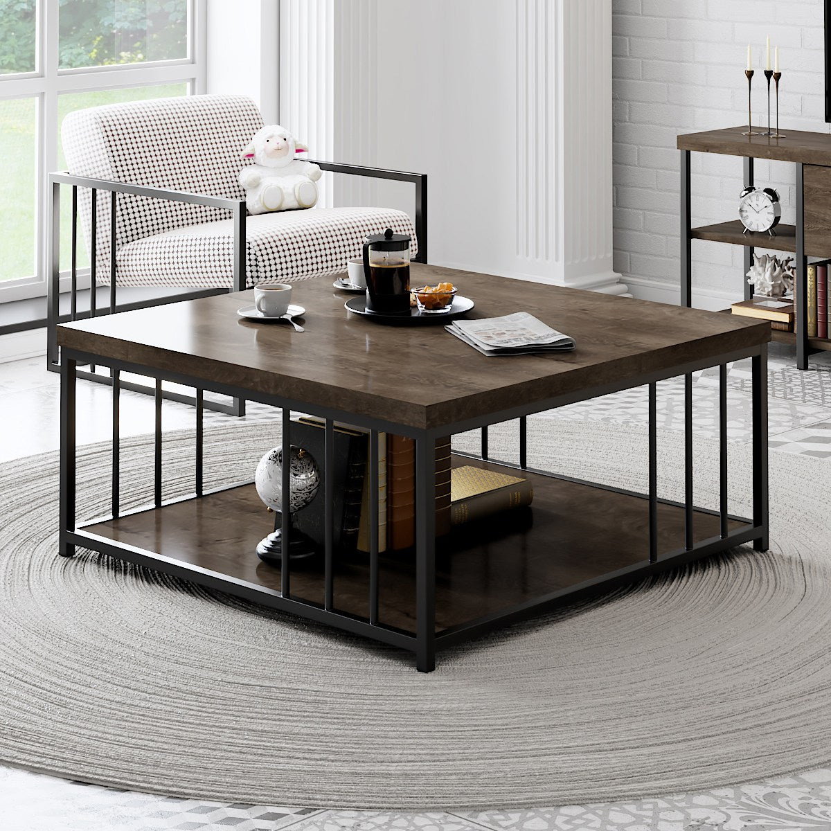 Masuta cafea Zenn, nuc/negru, PAL melaminat/metal, 90x90x40 cm