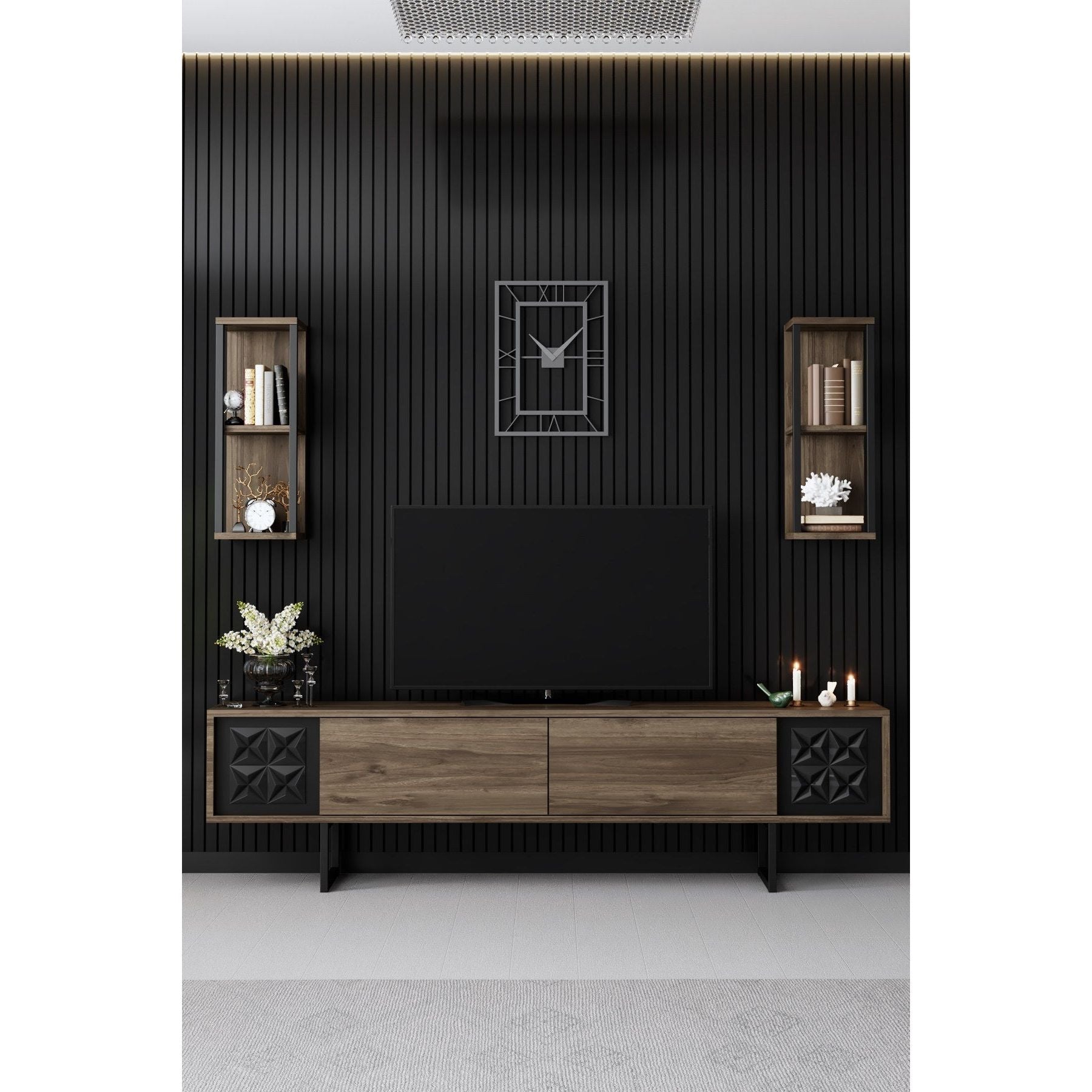 Set living Black Line, format din comoda TV si 2 rafturi, nuc/negru, PAL