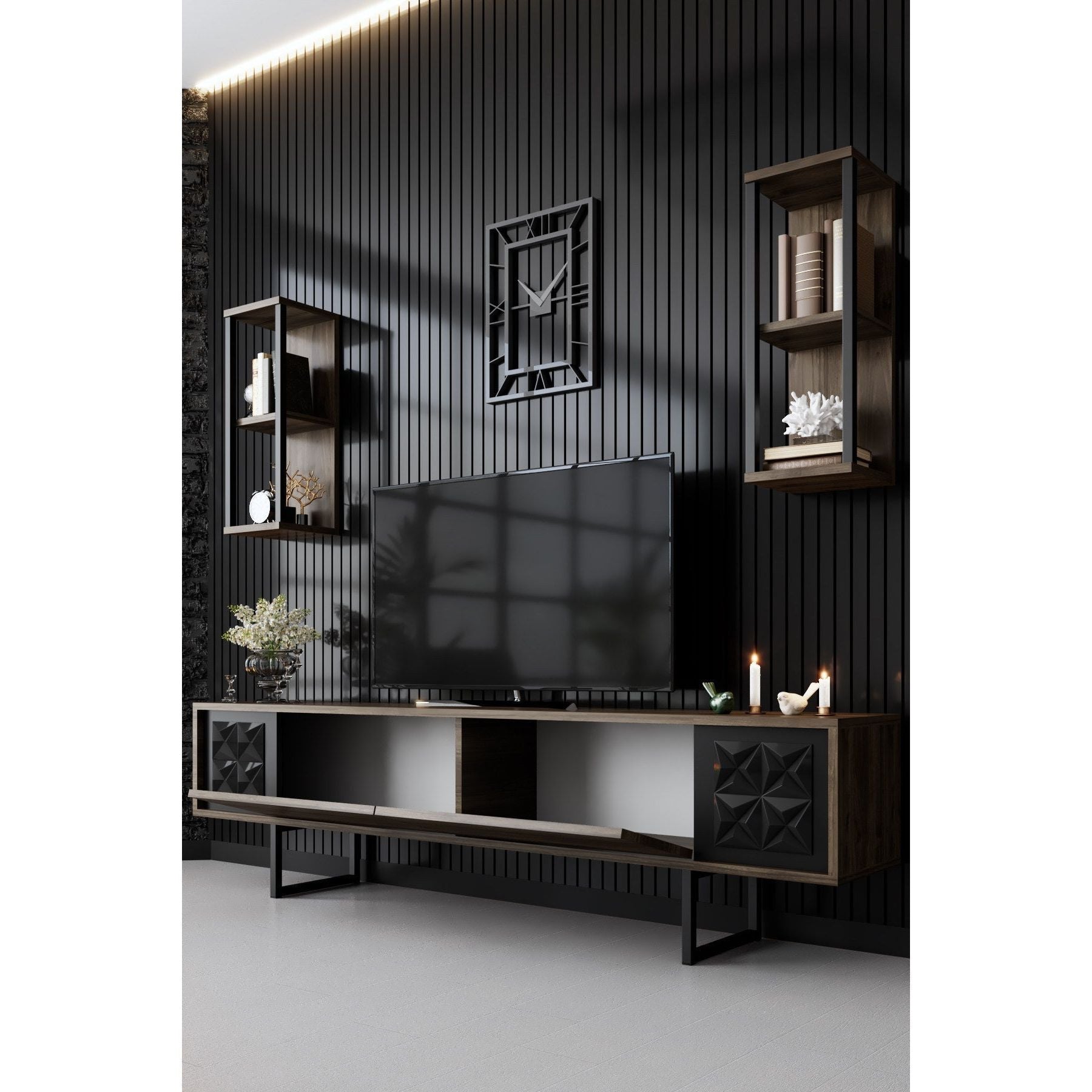 Set living Black Line, format din comoda TV si 2 rafturi, nuc/negru, PAL