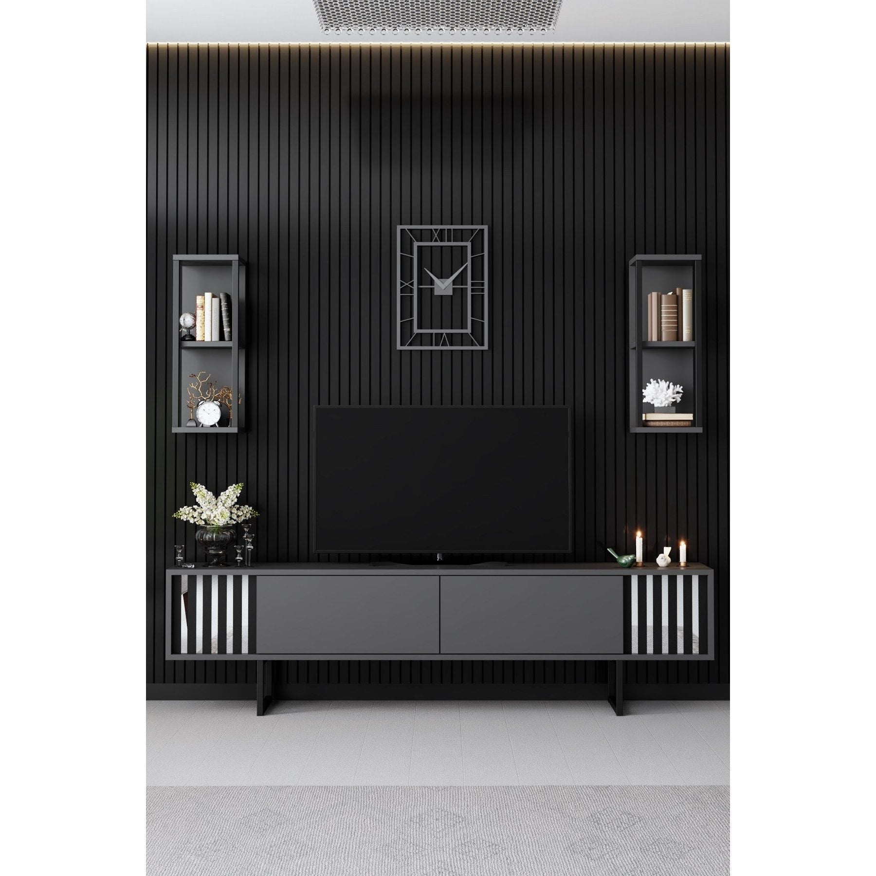 Set comoda TV si 2 rafturi Chrome Line, gri/negru, PAL, 180x30x48 cm