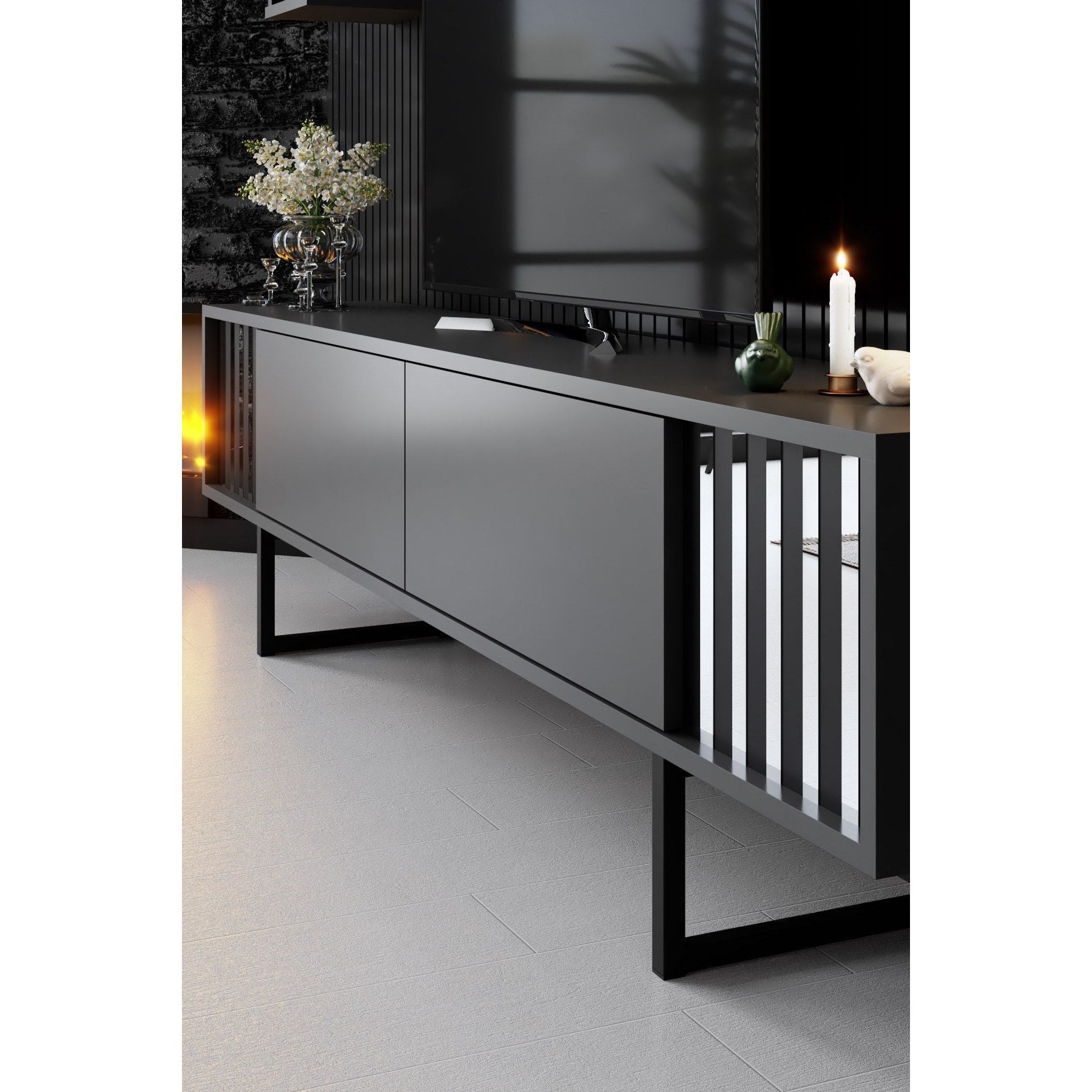 Set comoda TV si 2 rafturi Chrome Line, gri/negru, PAL, 180x30x48 cm