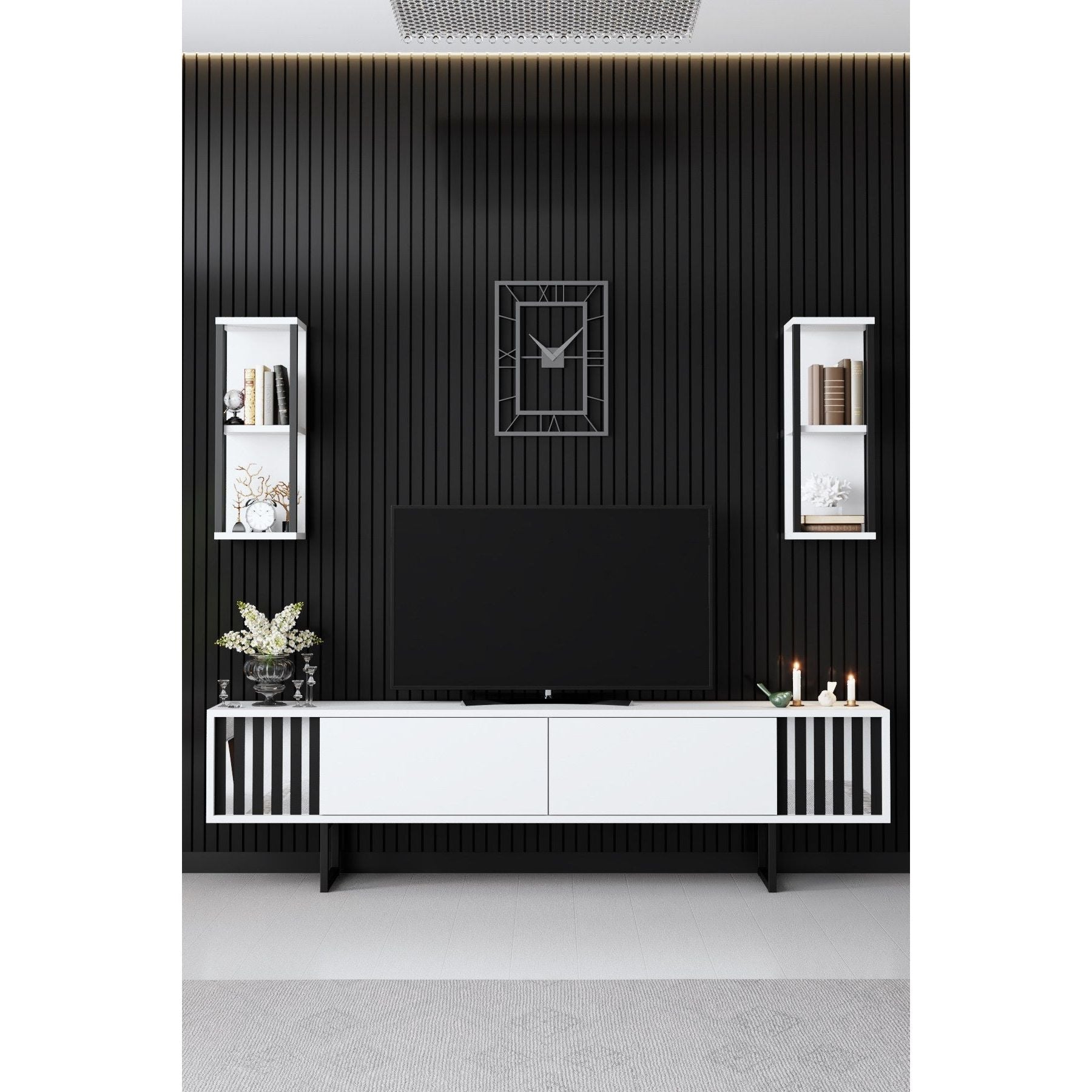 Set comoda TV si 2 rafturi Chrome Line, alb/negru, PAL/metal, 180x30x48 cm