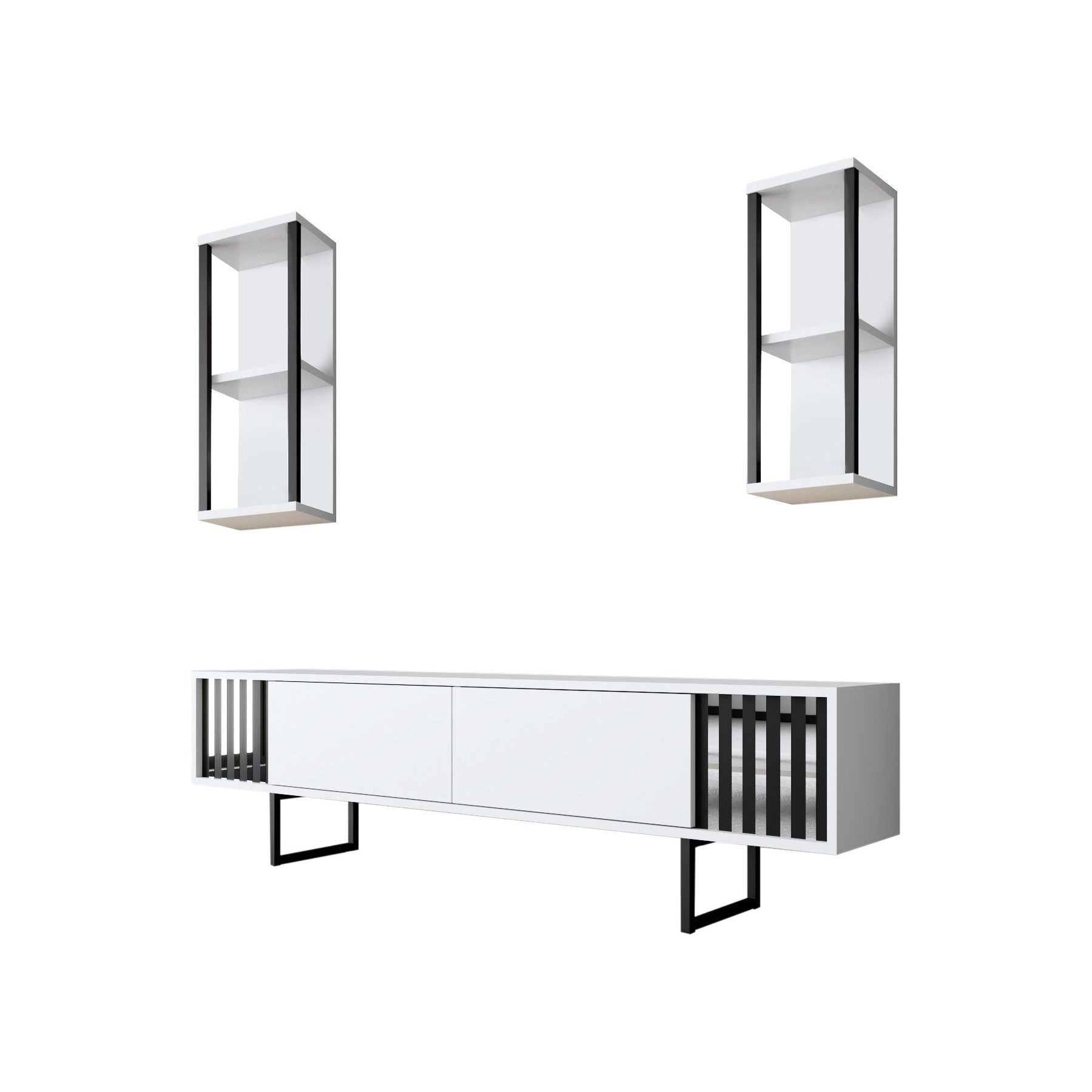 Set comoda TV si 2 rafturi Chrome Line, alb/negru, PAL/metal, 180x30x48 cm