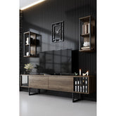 Set comoda TV si 2 rafturi Chrome Line, nuc/negru, PAL/metal, 180x30x48 cm