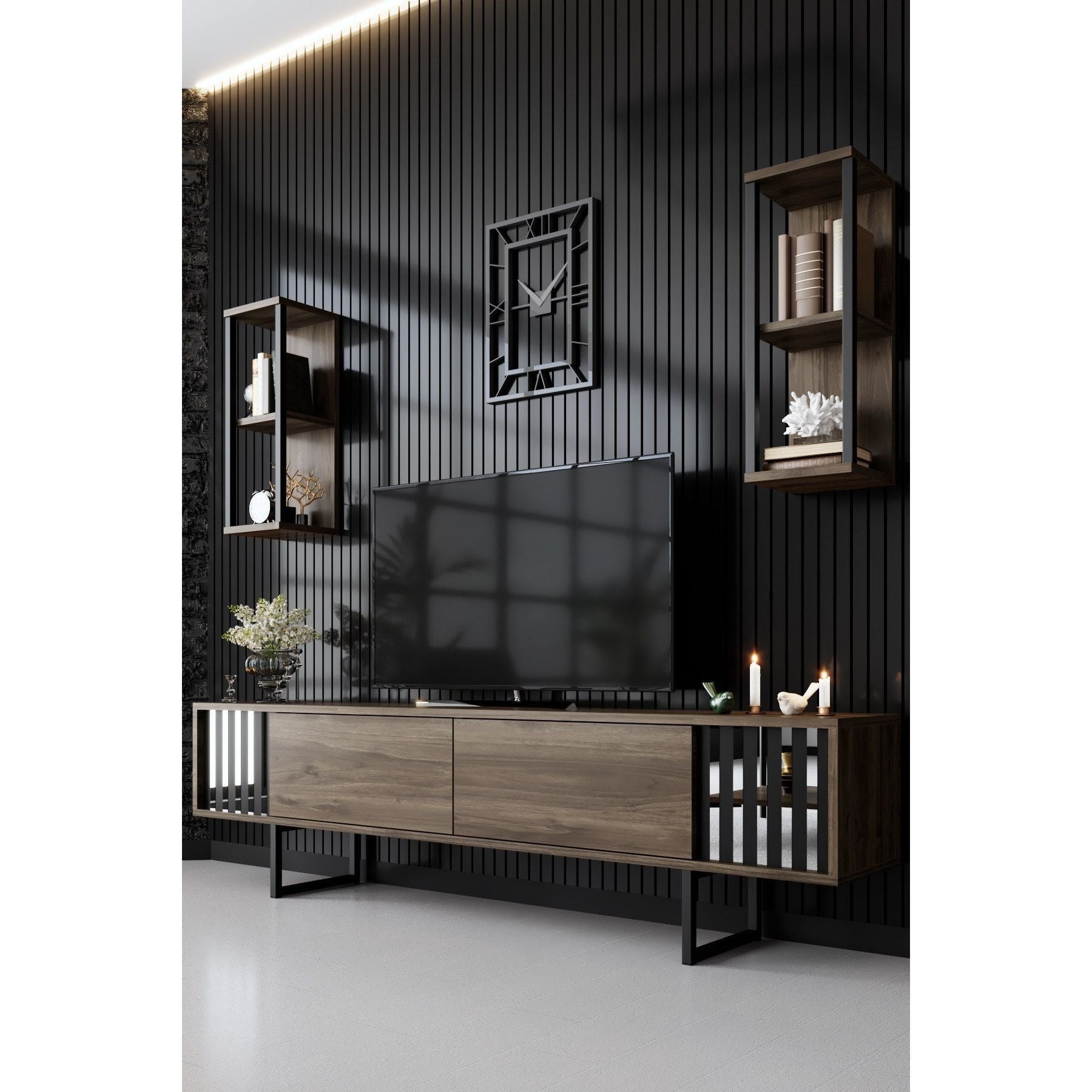 Set comoda TV si 2 rafturi Chrome Line, nuc/negru, PAL/metal, 180x30x48 cm