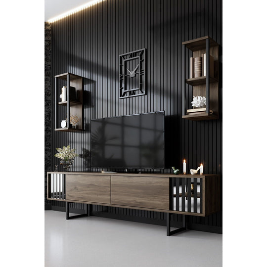Set comoda TV si 2 rafturi Chrome Line, nuc/negru, PAL/metal, 180x30x48 cm