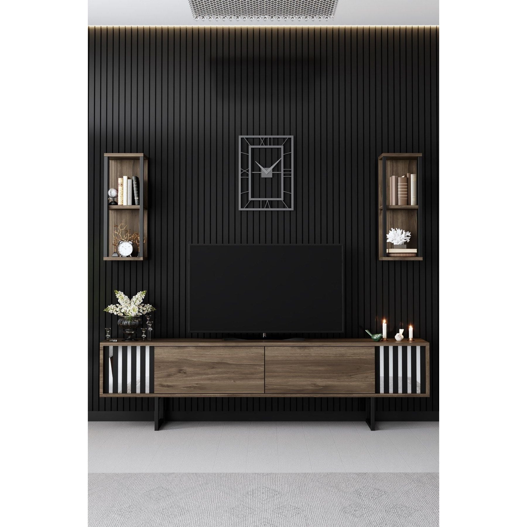 Set comoda TV si 2 rafturi Chrome Line, nuc/negru, PAL/metal, 180x30x48 cm