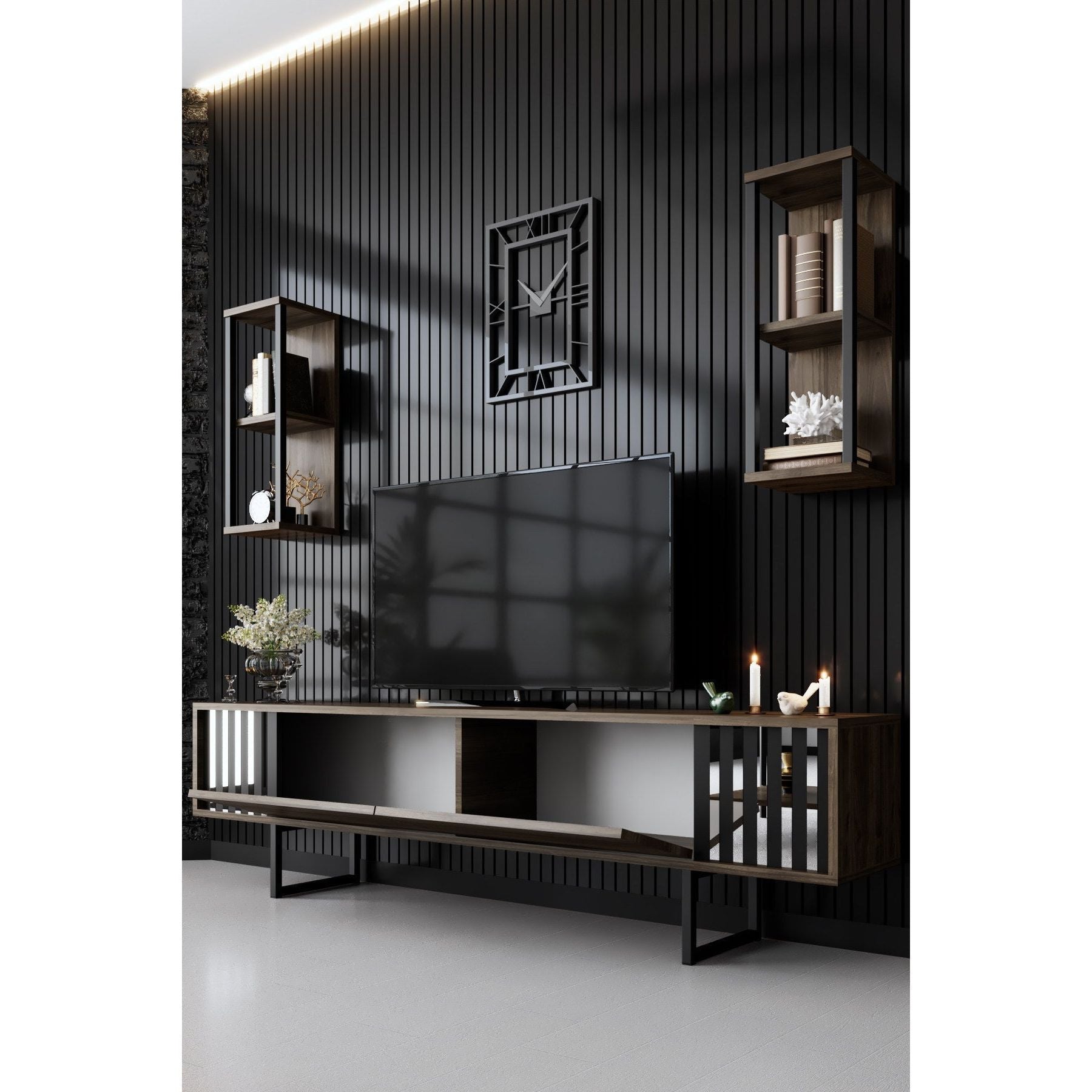 Set comoda TV si 2 rafturi Chrome Line, nuc/negru, PAL/metal, 180x30x48 cm