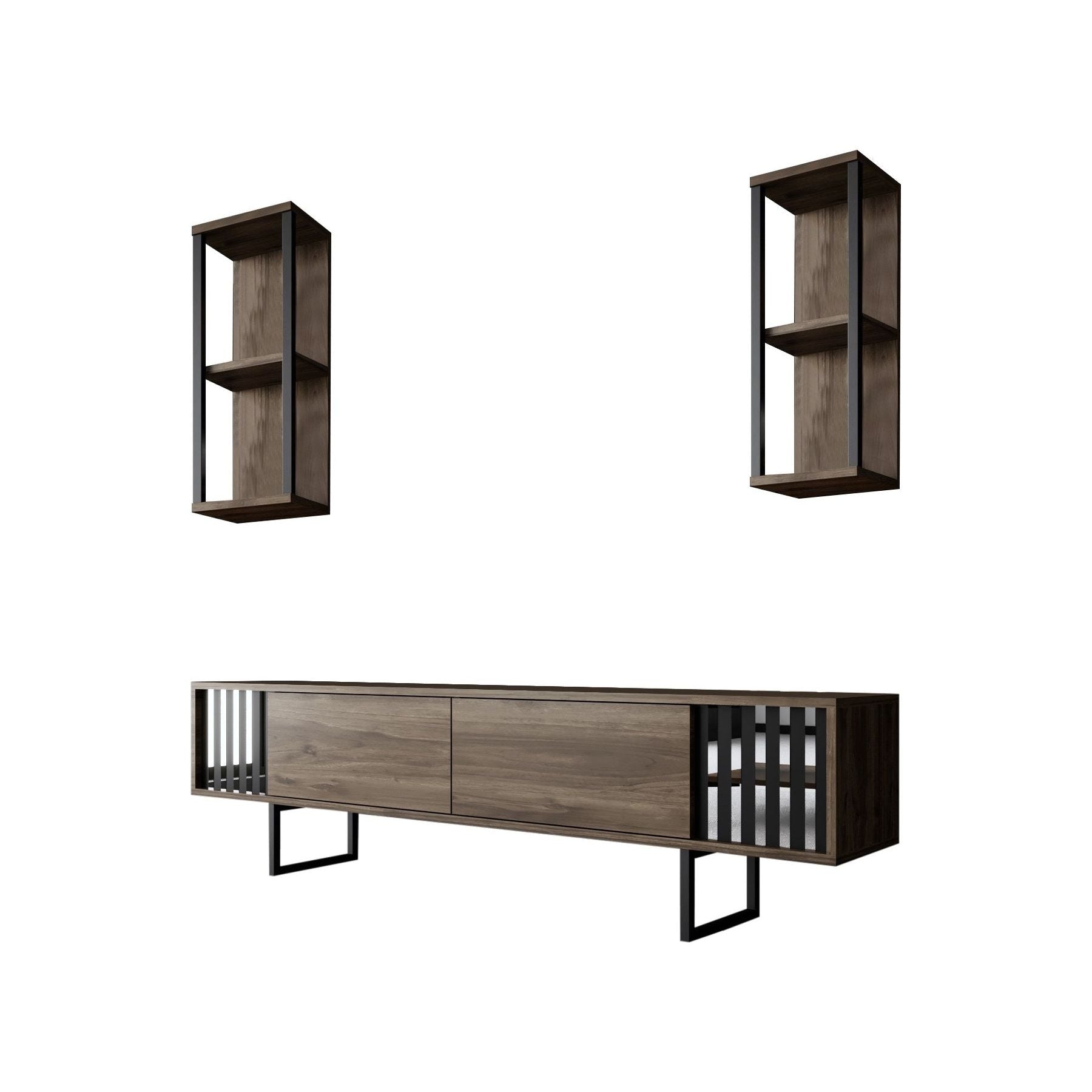 Set comoda TV si 2 rafturi Chrome Line, nuc/negru, PAL/metal, 180x30x48 cm