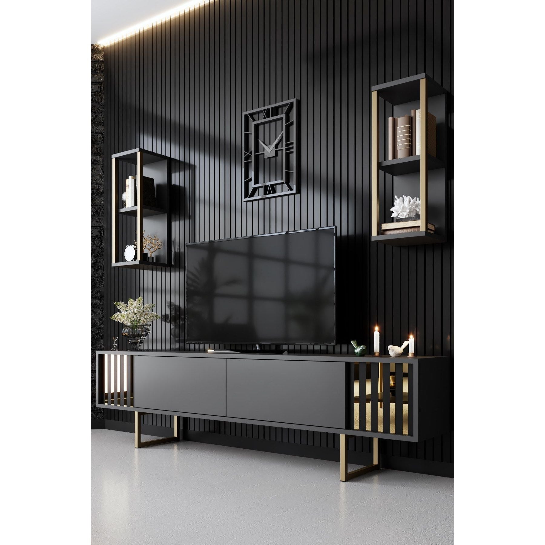 Set comoda TV si 2 rafturi Gold Line, negru/gri, PAL