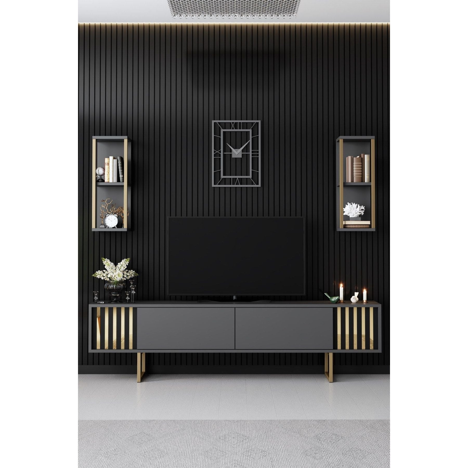 Set comoda TV si 2 rafturi Gold Line, negru/gri, PAL