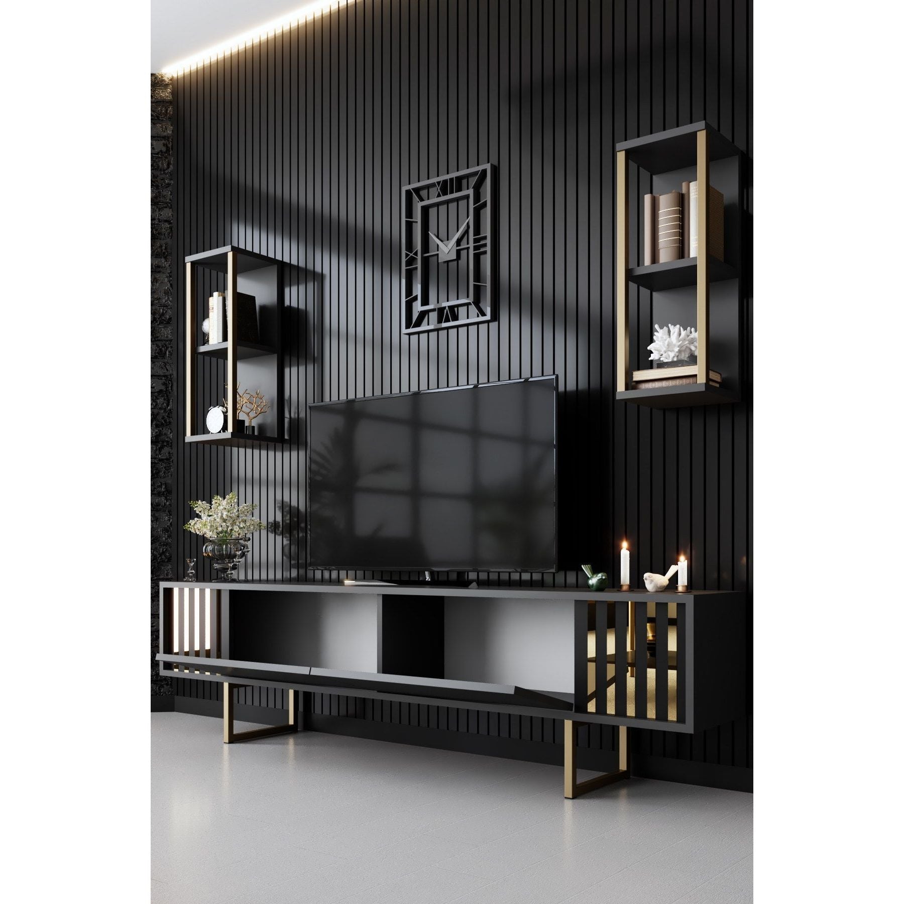 Set comoda TV si 2 rafturi Gold Line, negru/gri, PAL
