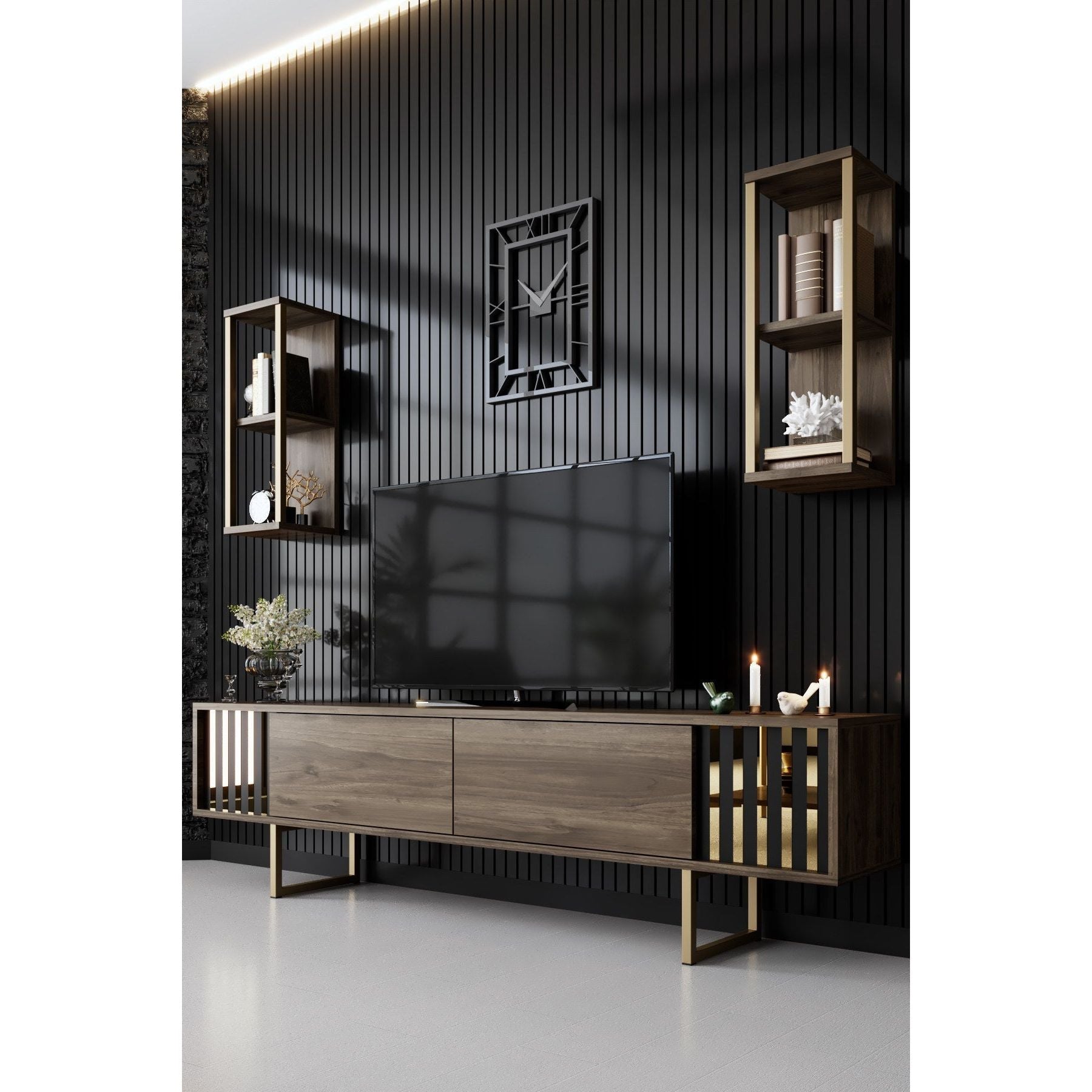 Set comoda TV si 2 rafturi Gold Line, nuc/negru, PAL