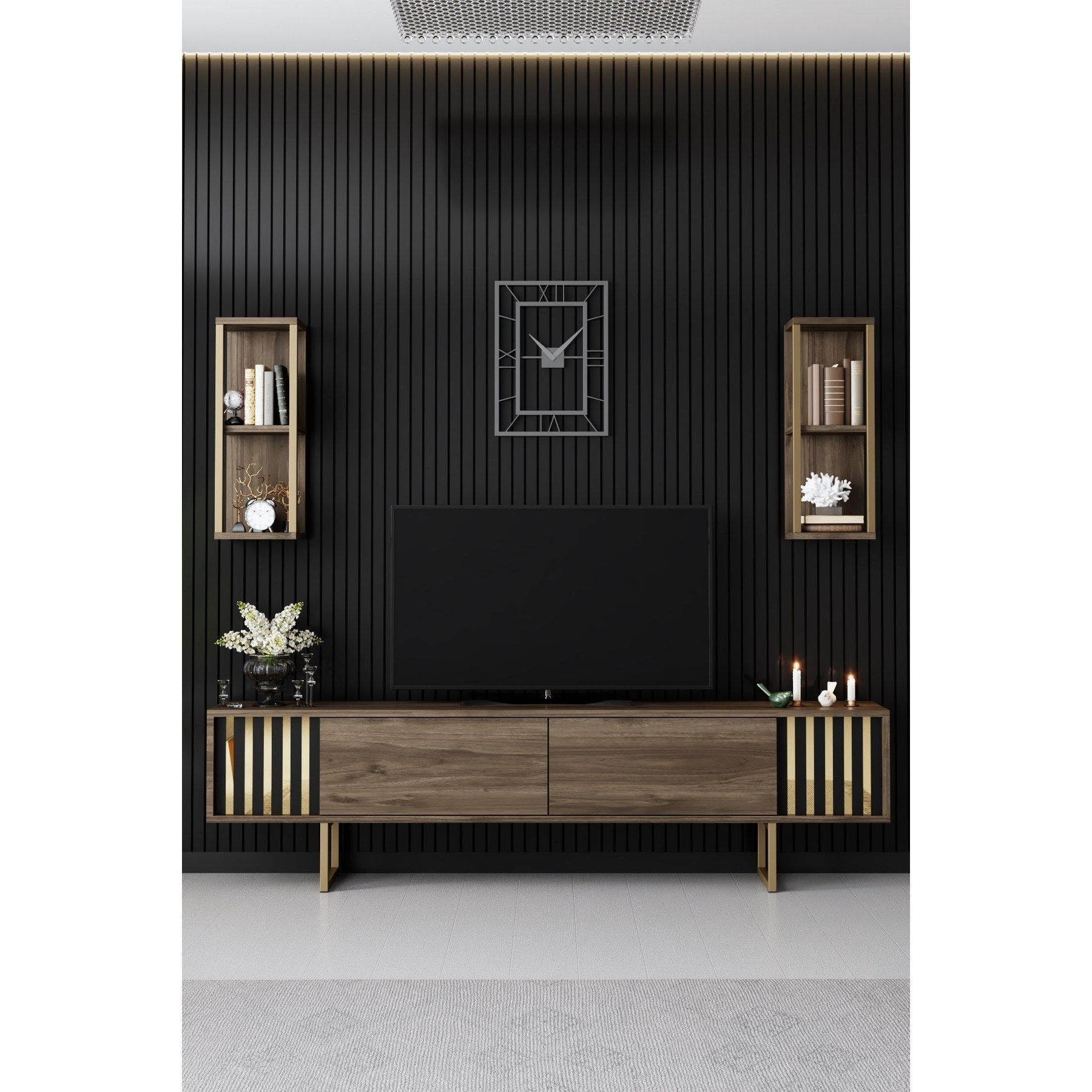 Set comoda TV si 2 rafturi Gold Line, nuc/negru, PAL