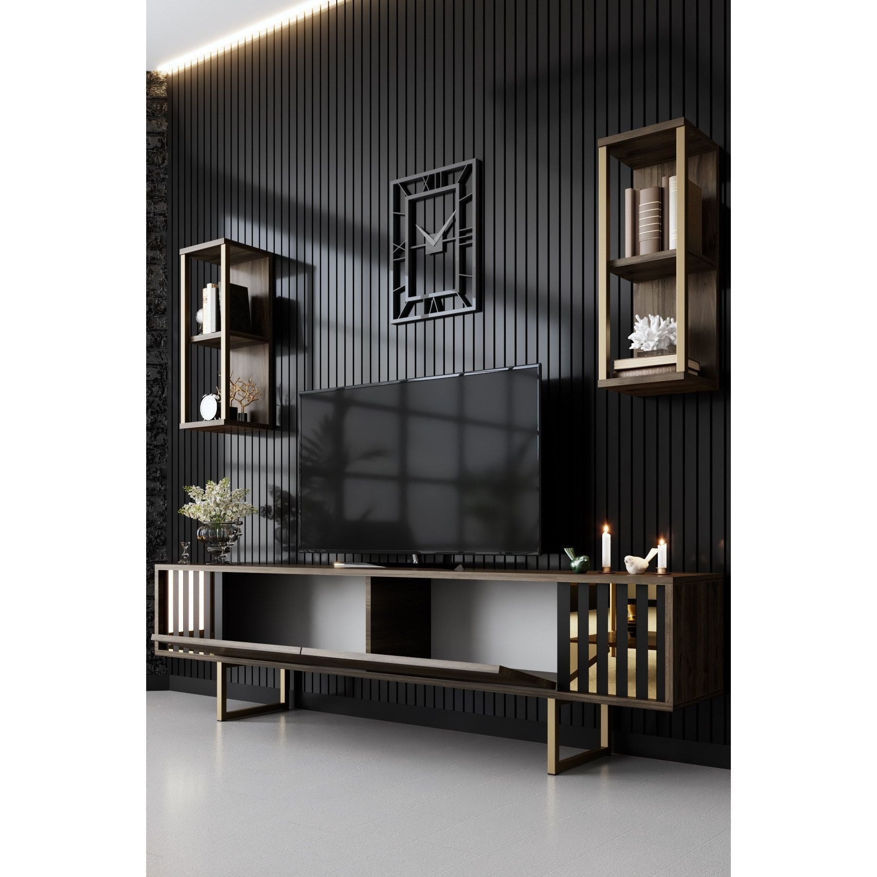 Set comoda TV si 2 rafturi Gold Line, nuc/negru, PAL