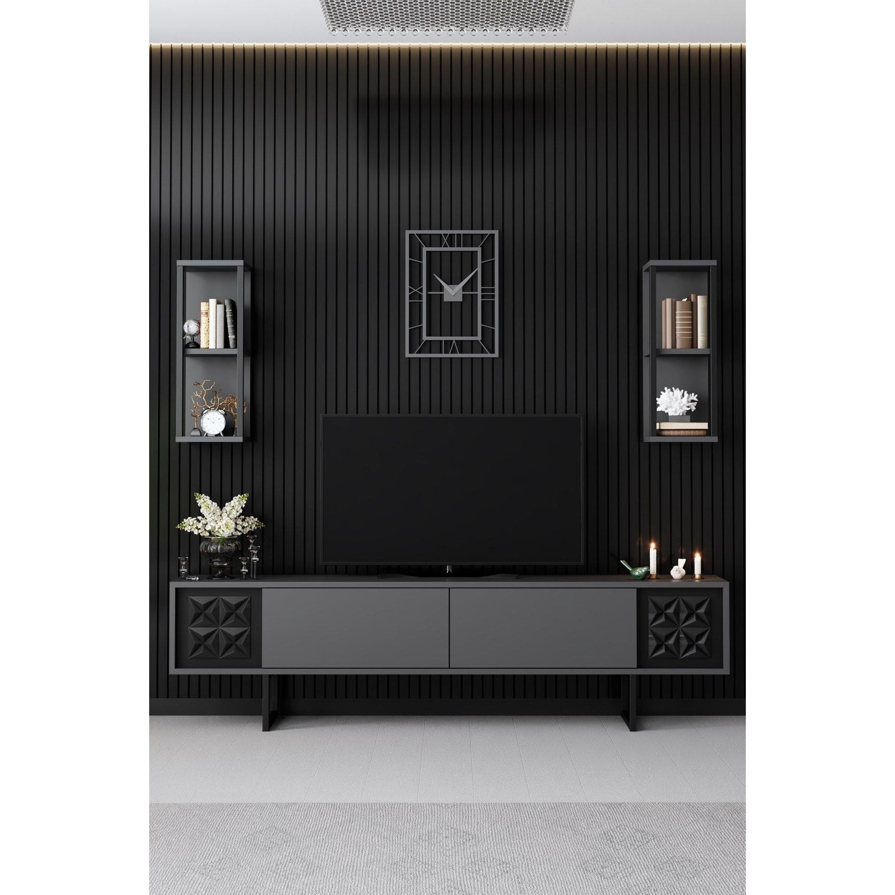 Set living Black Line, format din comoda Tv, masuta cafea si 2 rafturi, gri/negru, PAL