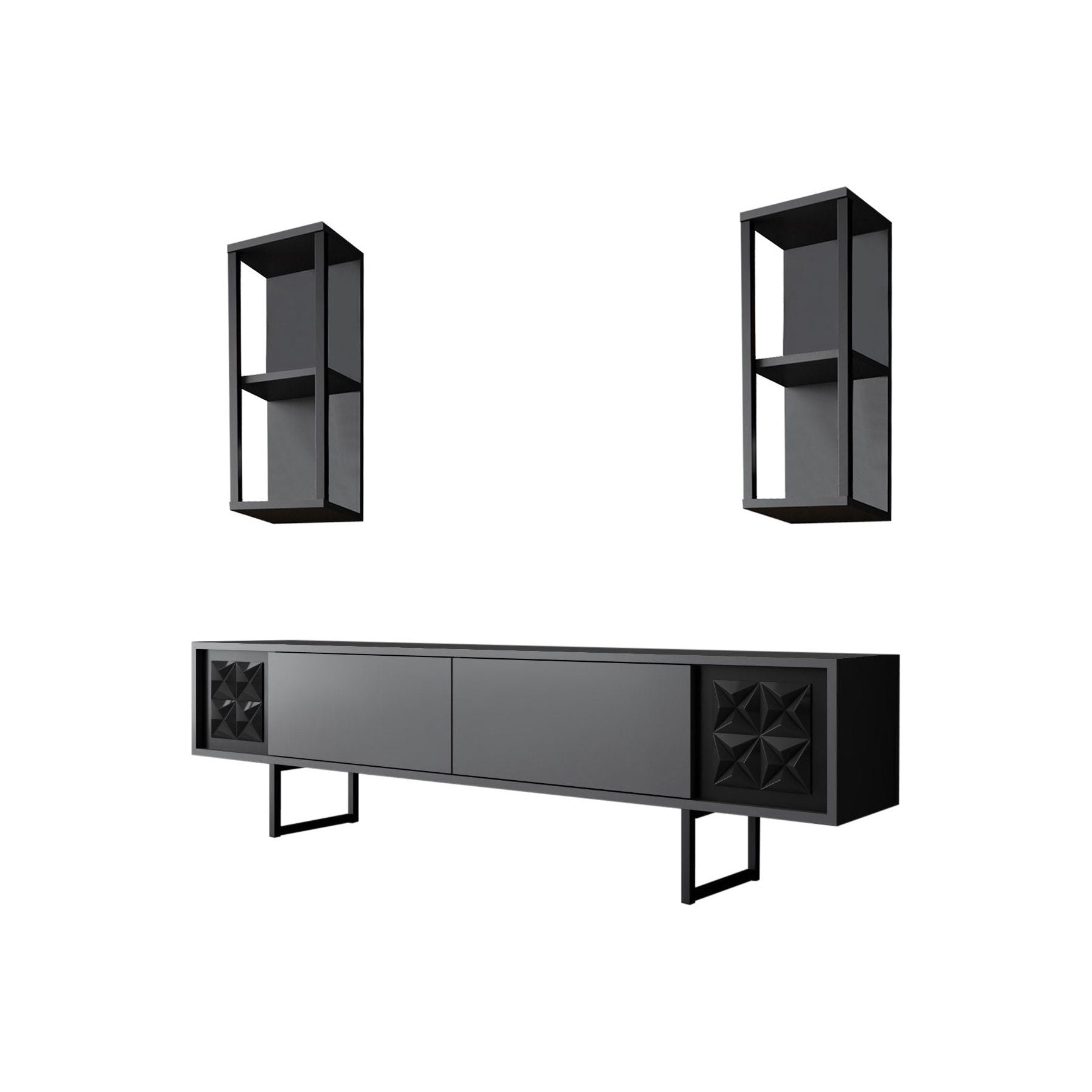Set living Black Line, format din comoda Tv, masuta cafea si 2 rafturi, gri/negru, PAL
