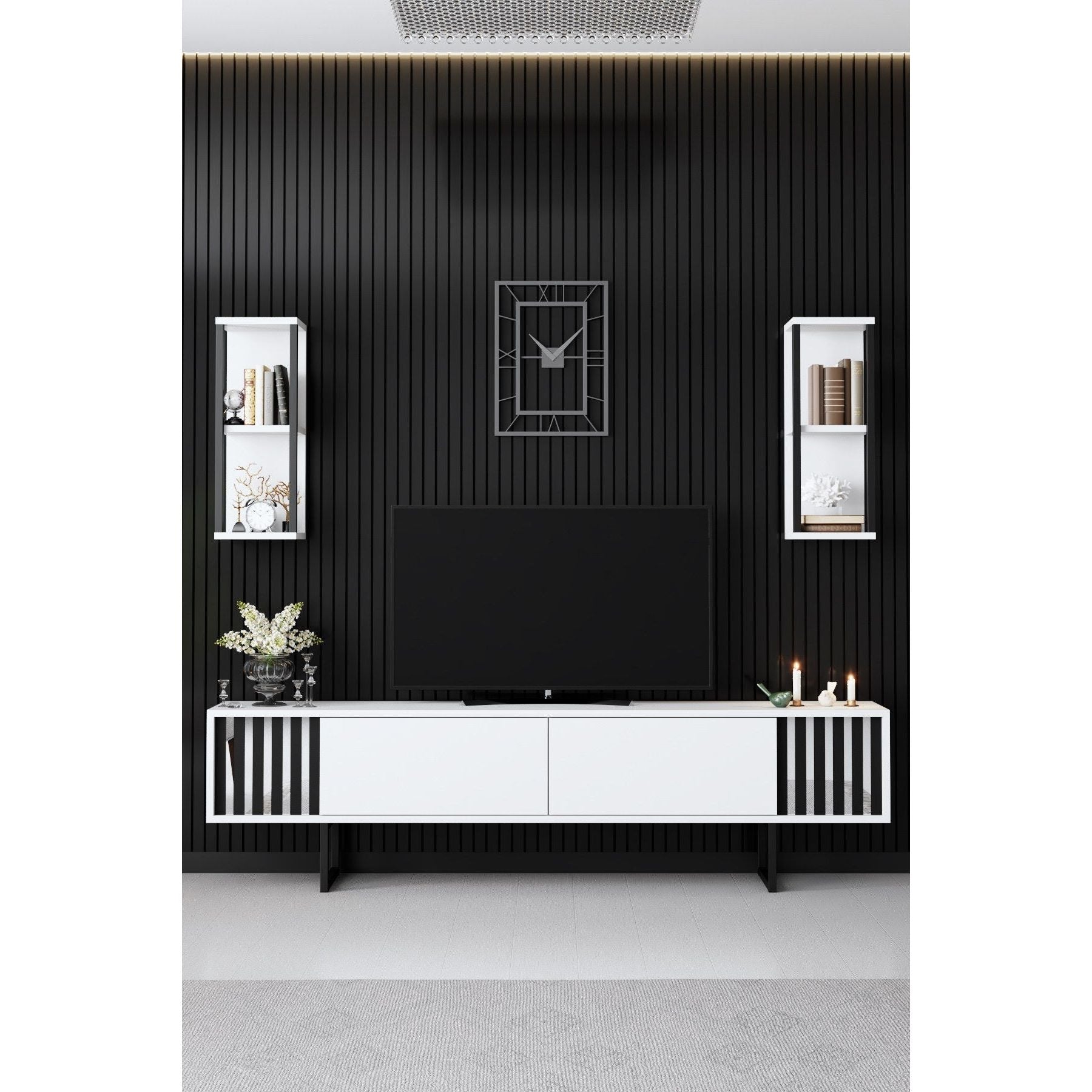 Set living Chrome Line, format din comoda Tv, 2 rafturi si o masuta cafea, alb/negru