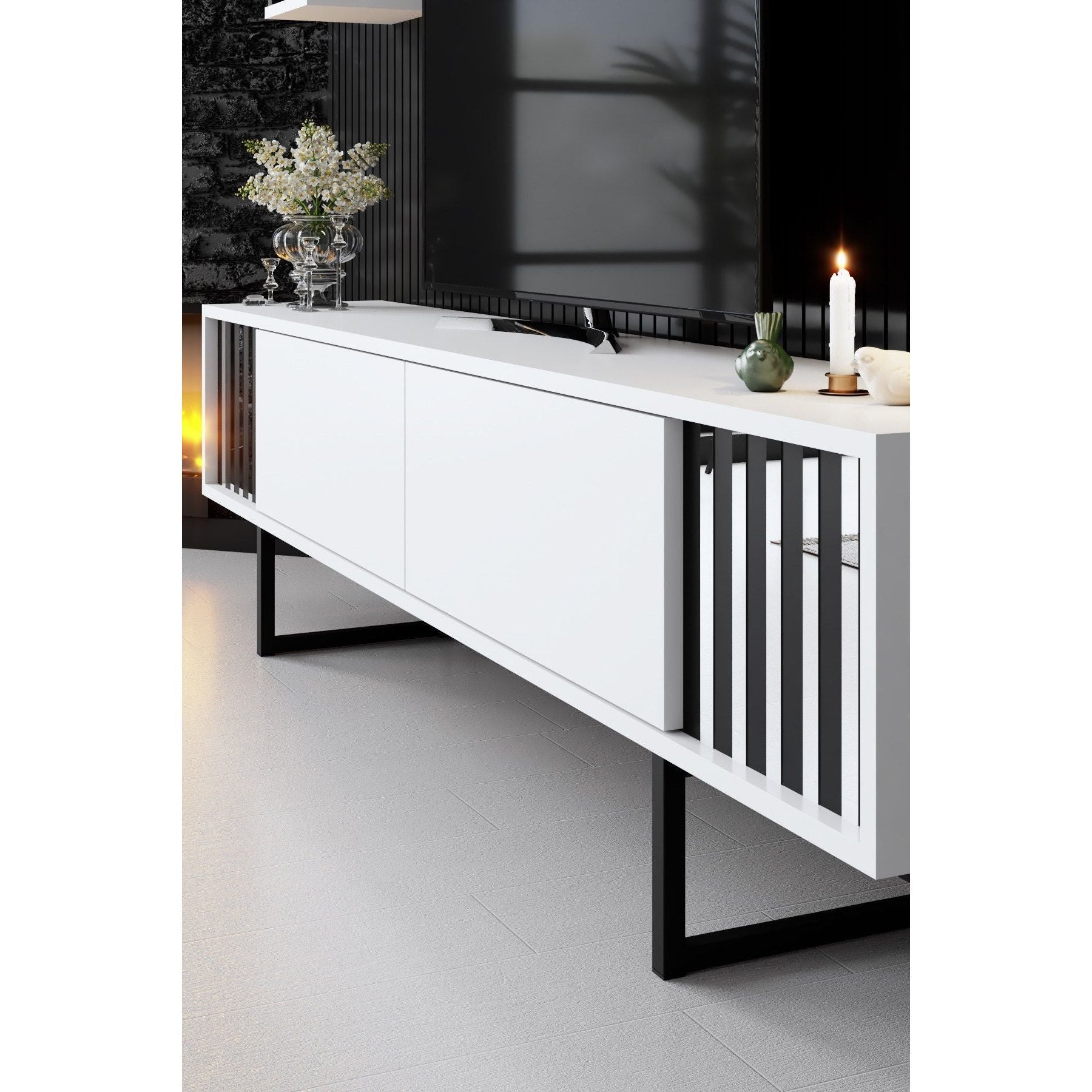 Set living Chrome Line, format din comoda Tv, 2 rafturi si o masuta cafea, alb/negru