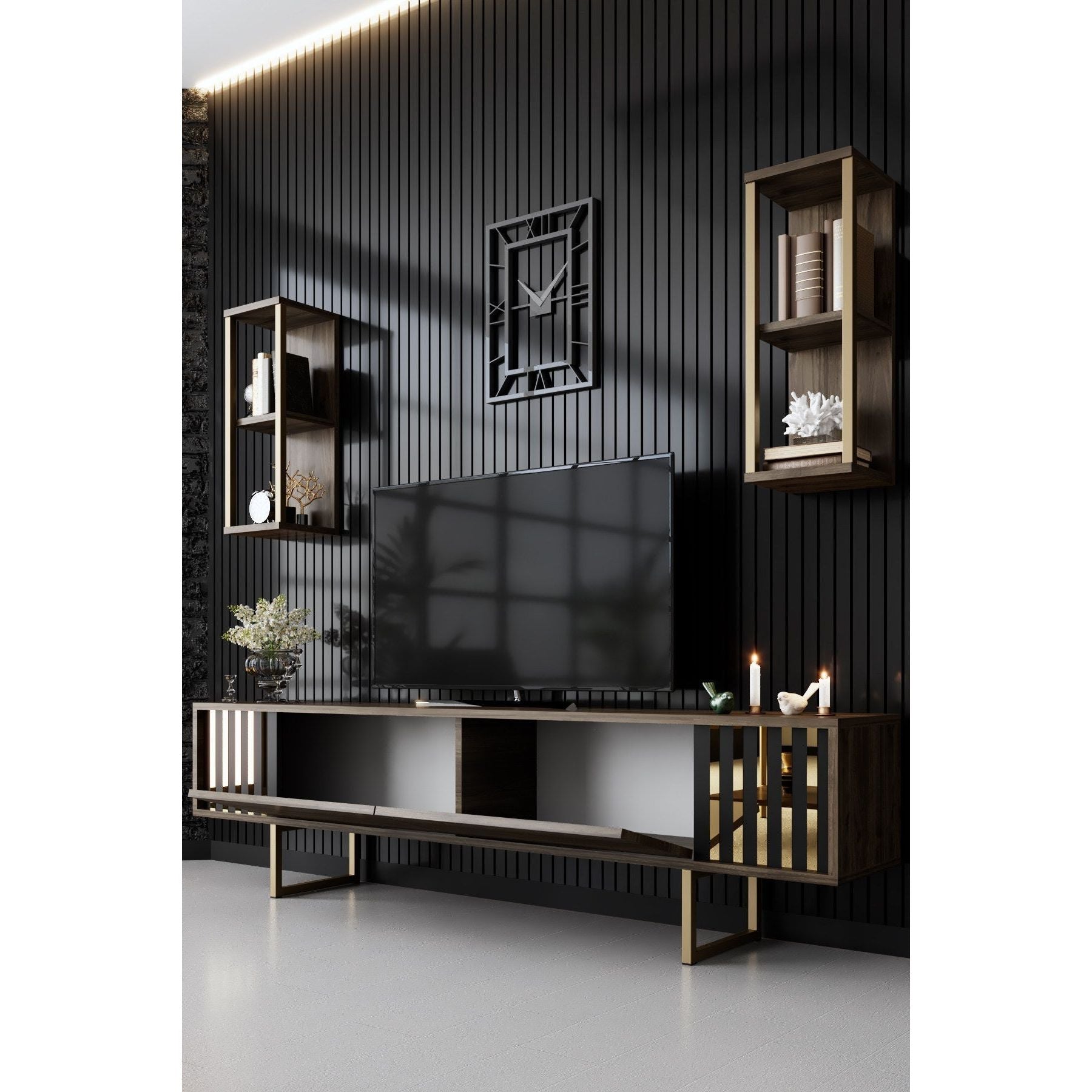 Set living Gold Line, format din comoda TV, 2 rafturi si masuta cafea, nuc/auriu, PAL