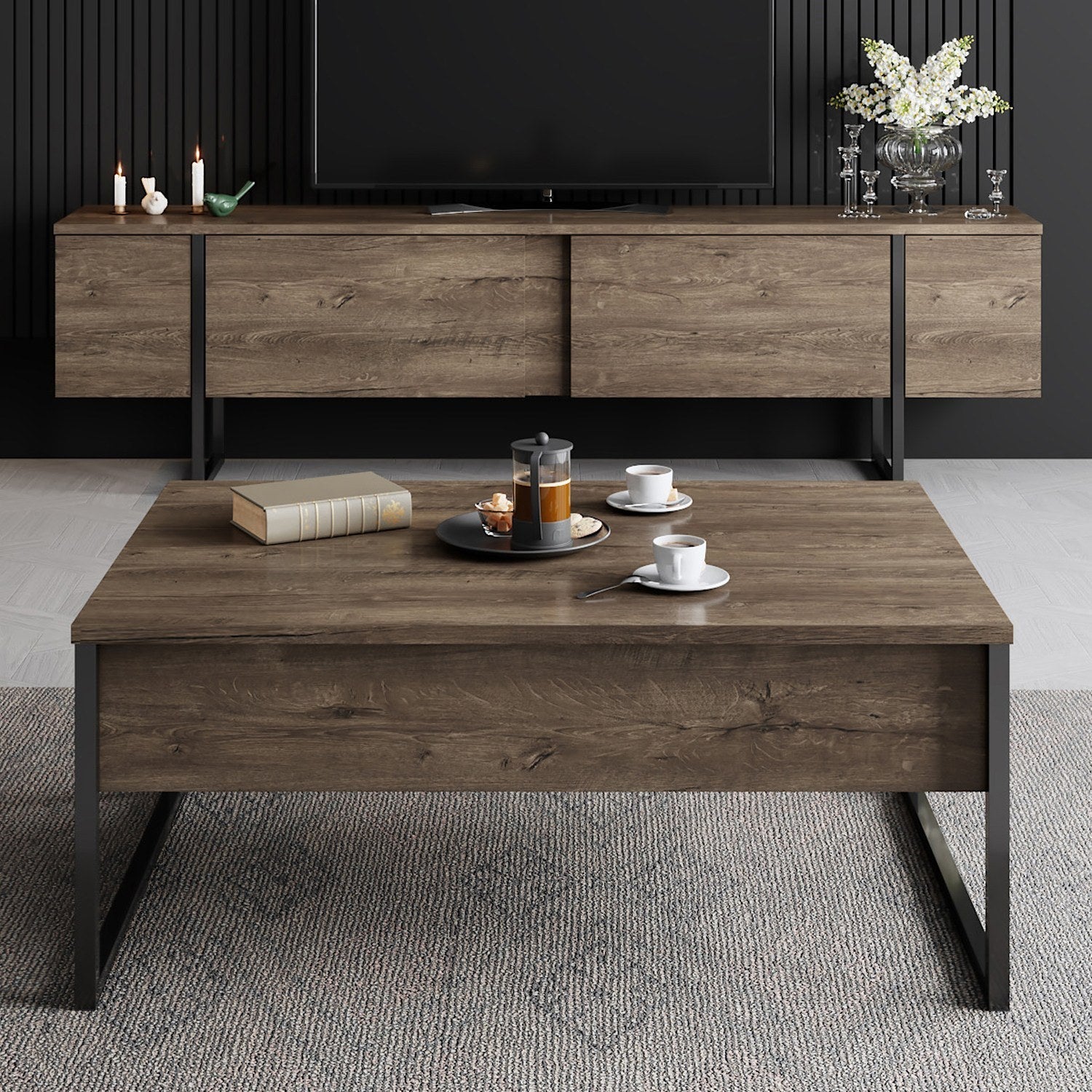 Set comoda TV si masuta cafea Luxe, nuc/negru, PAL/metal