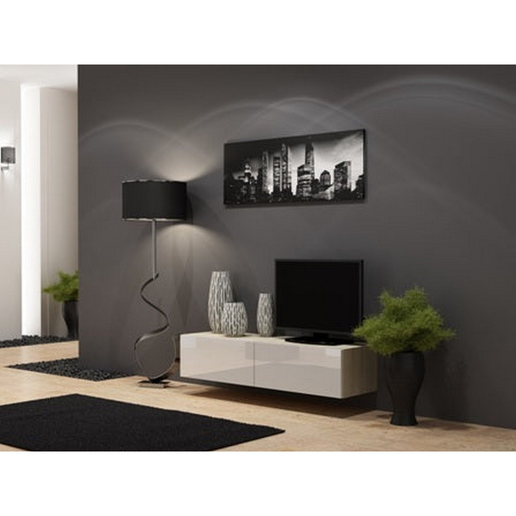 Comoda TV cu 2 usi suspendata Vigo, sonoma/alb lucios, 140x40x30 cm