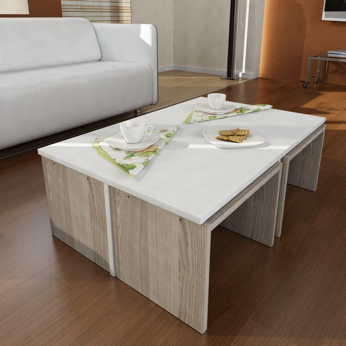Set masute cafea Dulap, alb/stejar, PAL, 90x60x32/41x29x29 cm