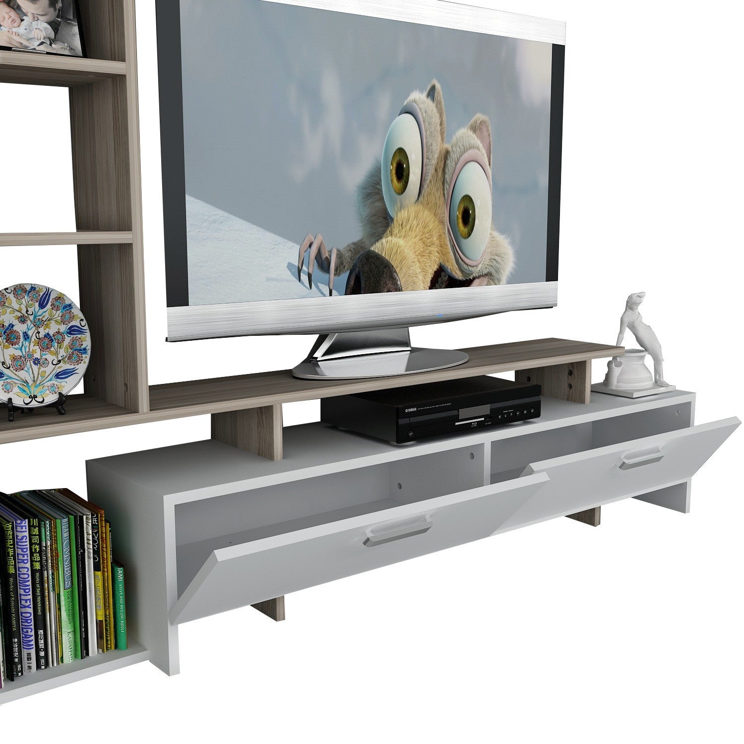 Comoda TV Simal, din PAL melaminat, alb/cordoba, 170x22x120 cm