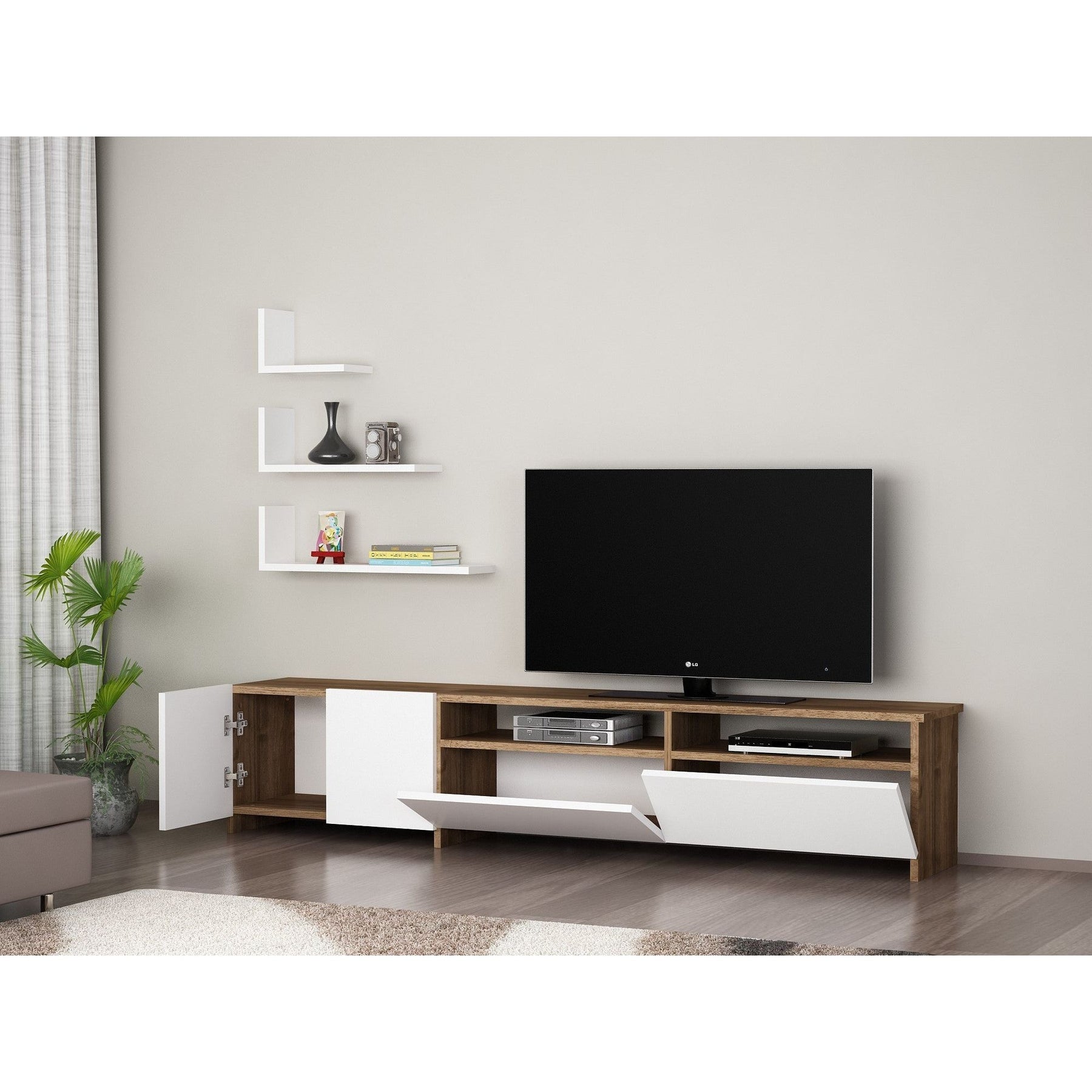 Set comoda TV si 3 rafturi Gelincik, alb/nuc, PAL
