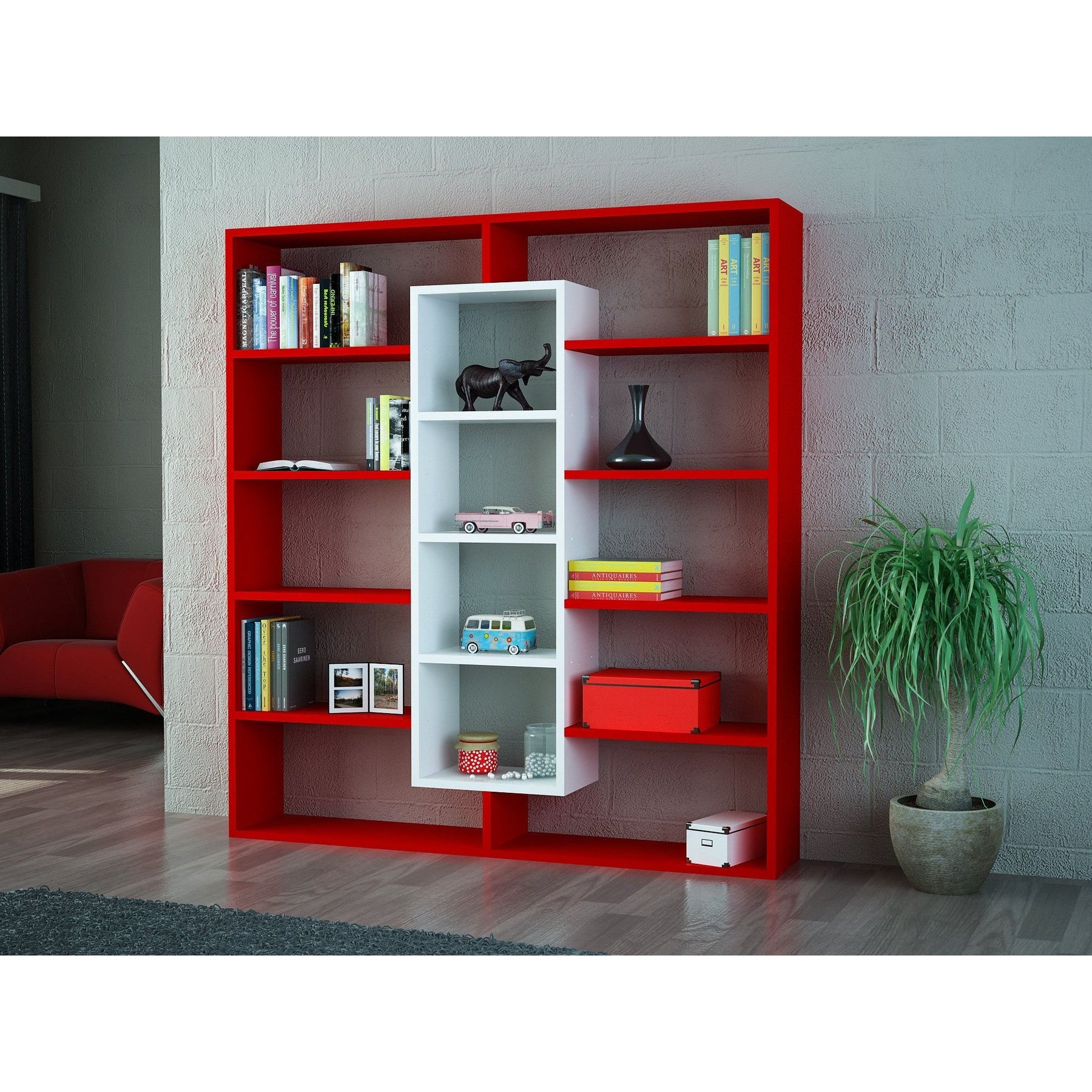 Biblioteca Ample, rosu/alb, PAL, 125x22x136 cm