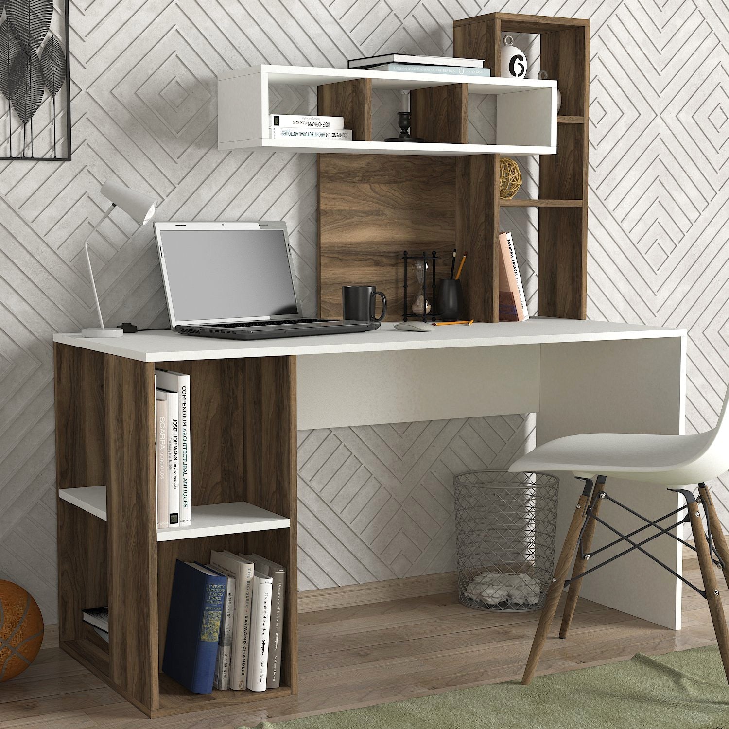 Birou Coral, alb/nuc, PAL, 140x60x154 cm