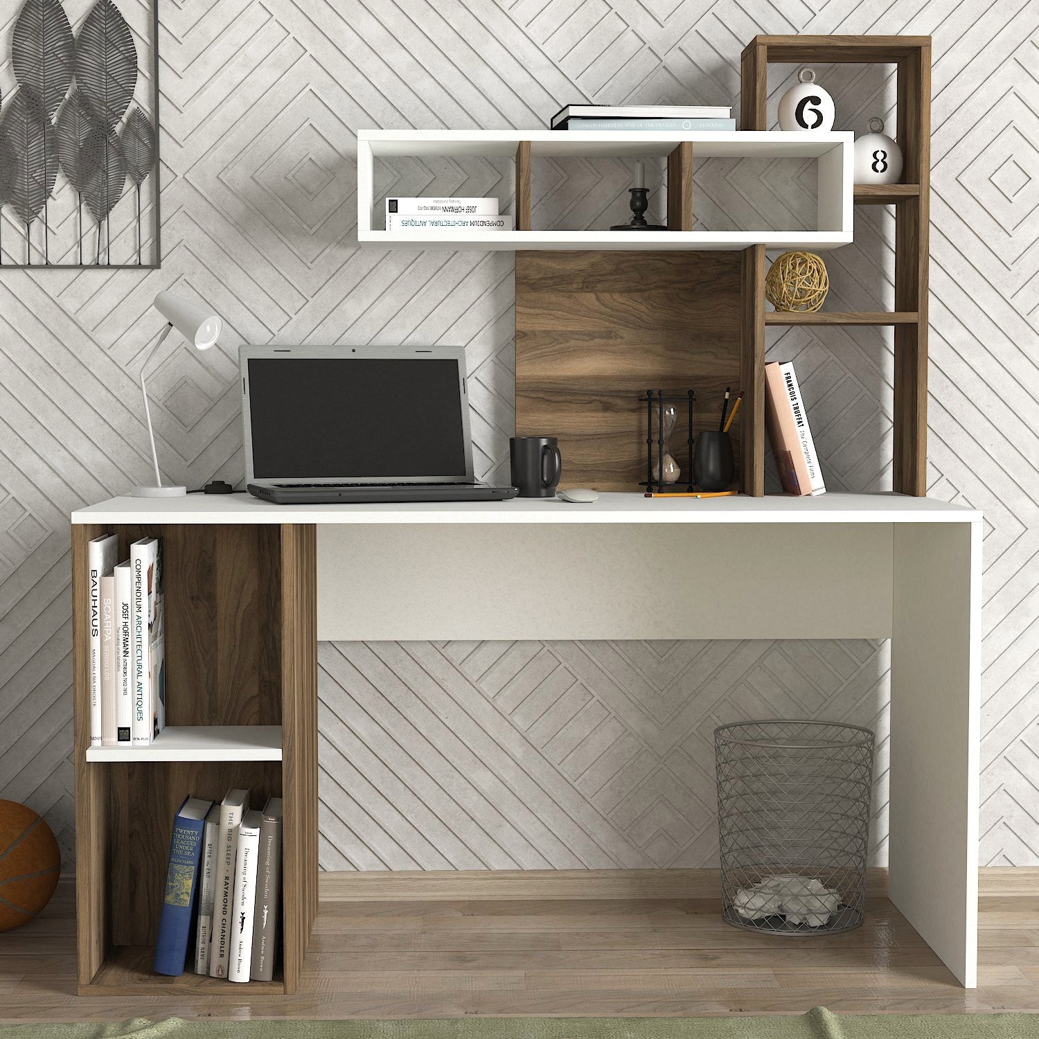 Birou Coral, alb/nuc, PAL, 140x60x154 cm
