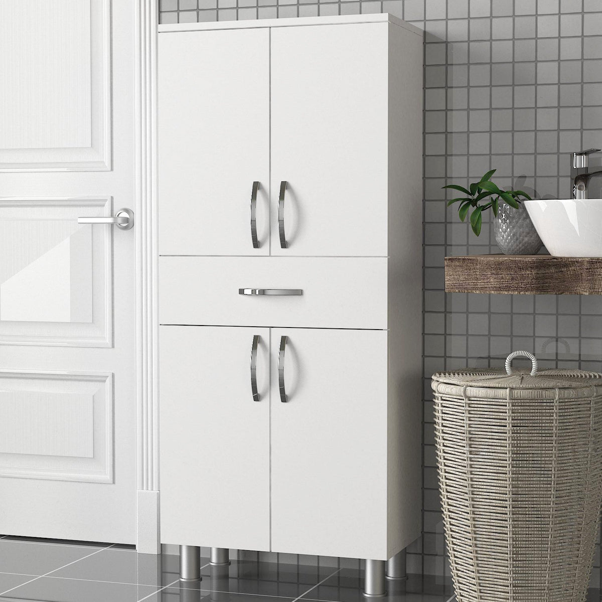 Dulap baie 731WAT3910, alb, PAL melaminat, cu 4 usi si un sertar, 59x32x140 cm