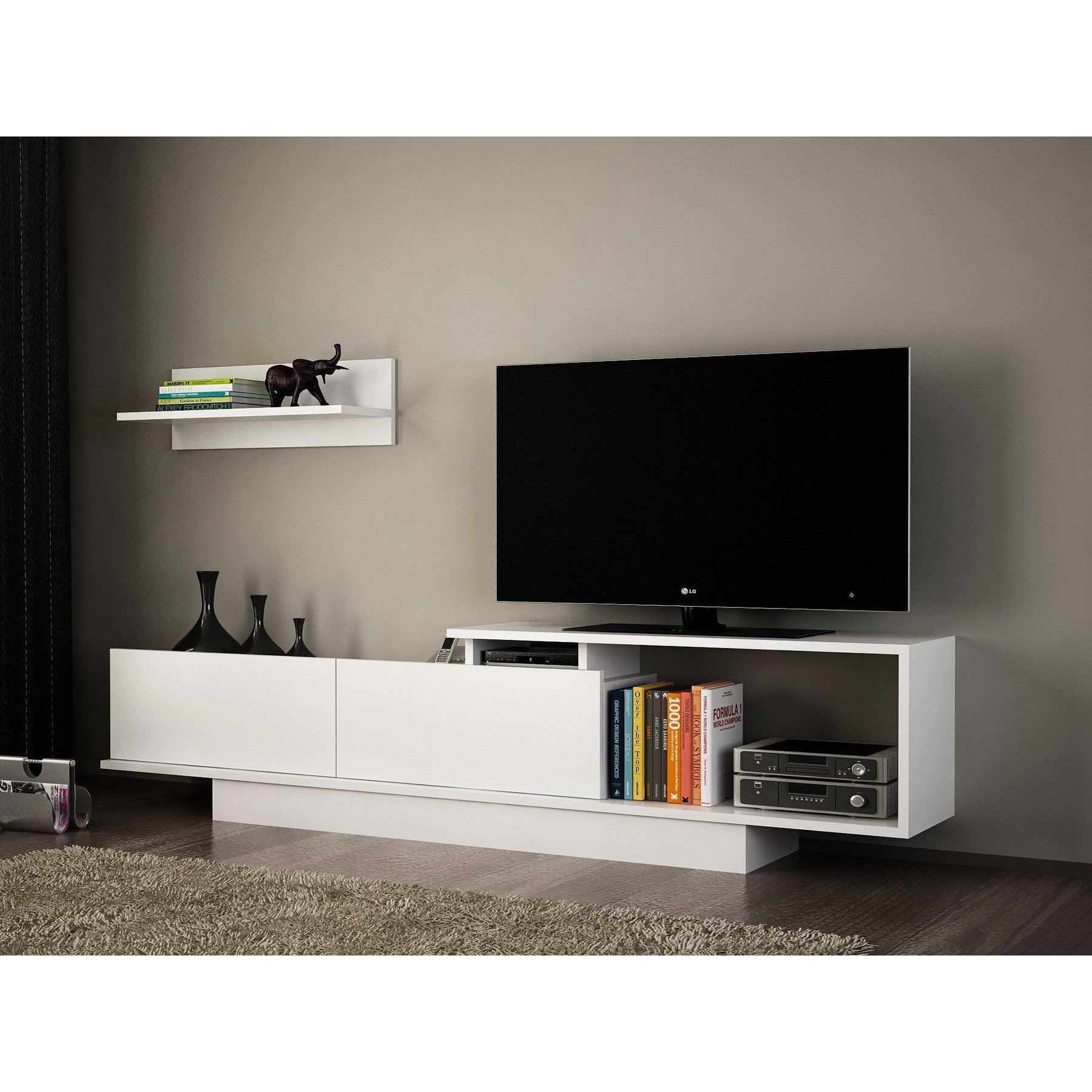 Set living Asos, format din comoda TV si o polita, alb, PAL