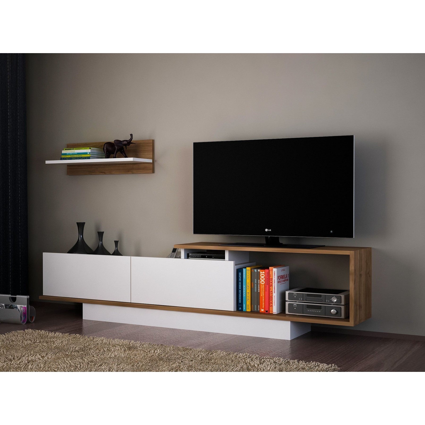 Set Living Asos, din PAL melaminat, alb/nuc, 180x30x45 cm