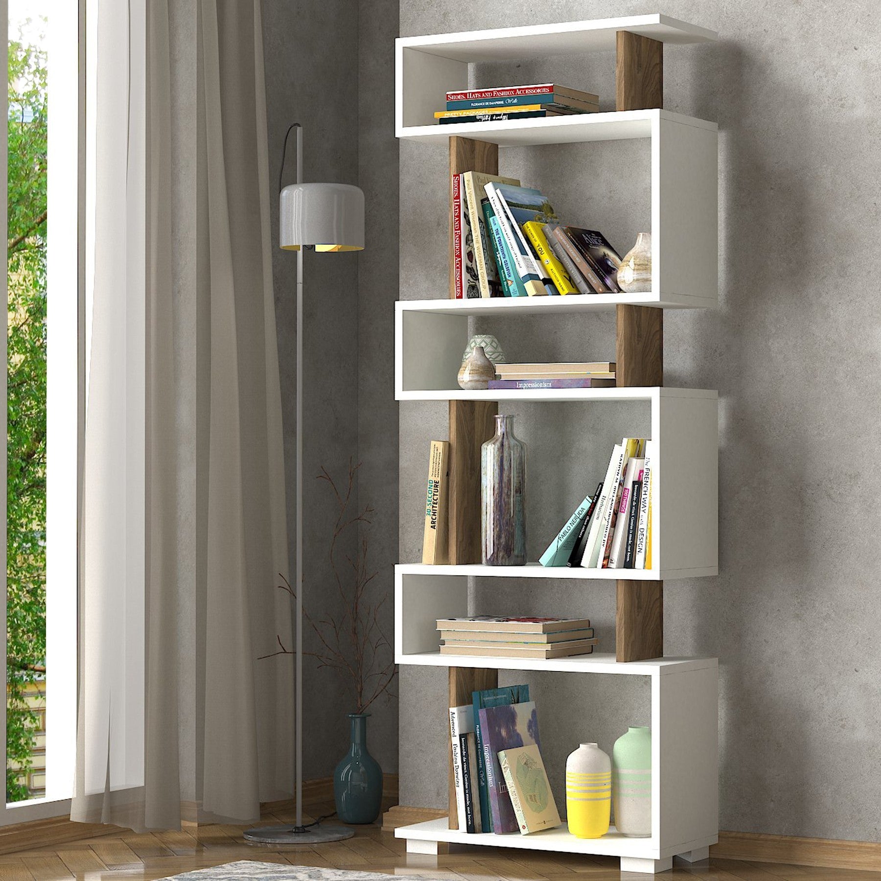 Biblioteca Blok, alun/alb, PAL melaminat, 60x165x20 cm