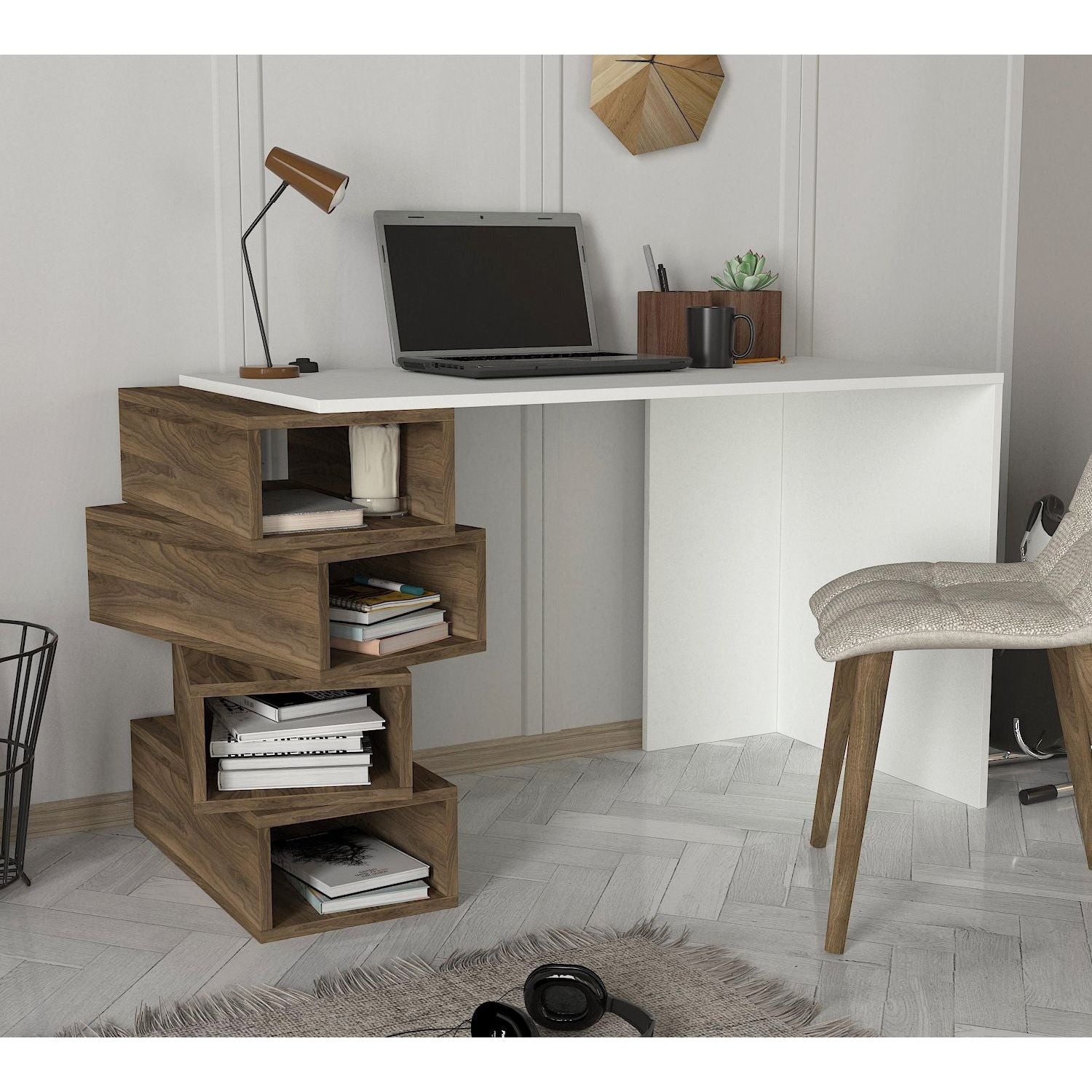 Birou Jenga, nuc/alb, PAL, 130x60x75 cm