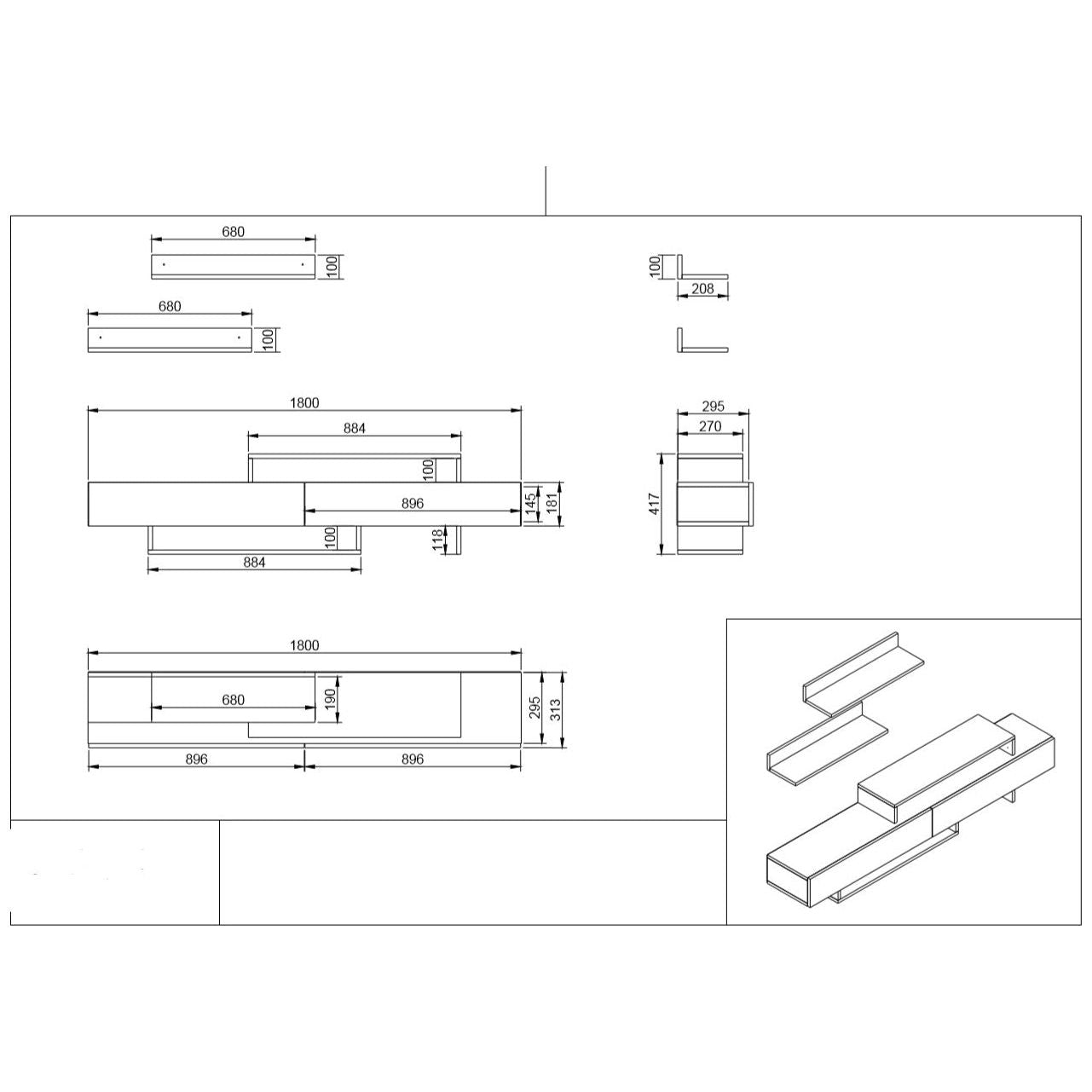Set living Nirvana, din PAL melaminat, alb/tec, 180x42x30 cm