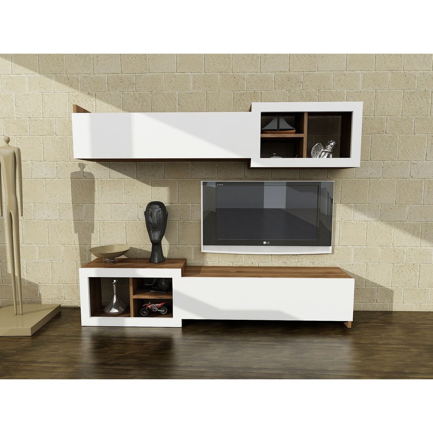 Living TV Prag, alb/nuc, PAL melaminat, 160x35x27 cm