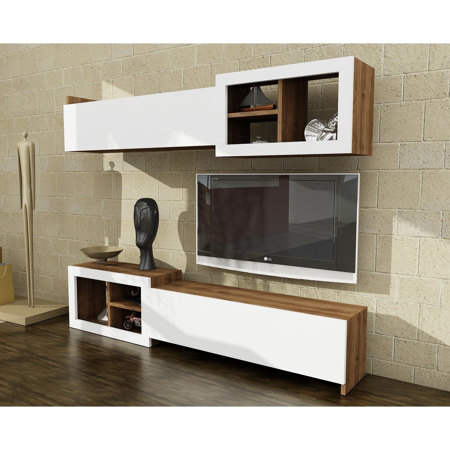 Living TV Prag, alb/nuc, PAL melaminat, 160x35x27 cm