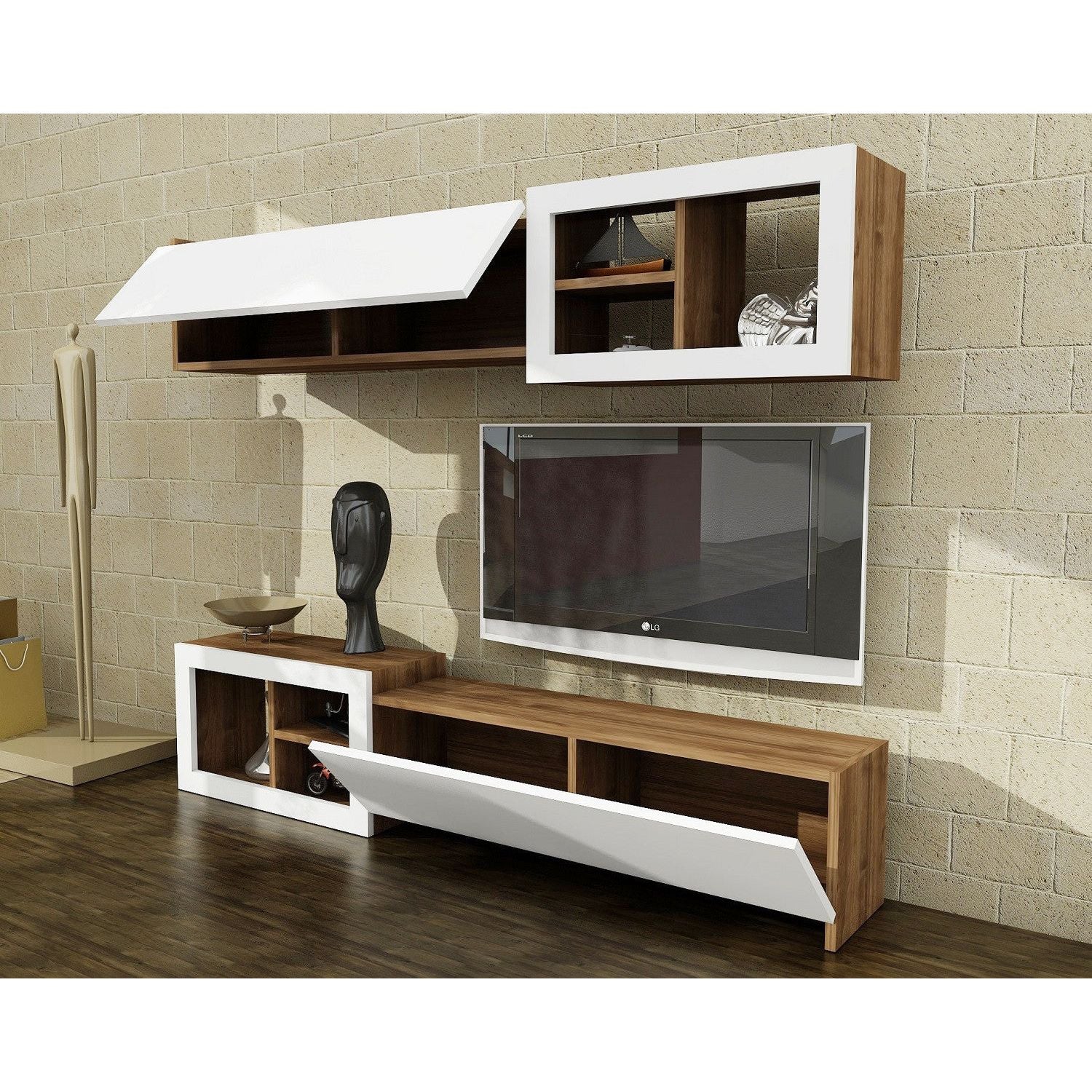 Living TV Prag, alb/nuc, PAL melaminat, 160x35x27 cm